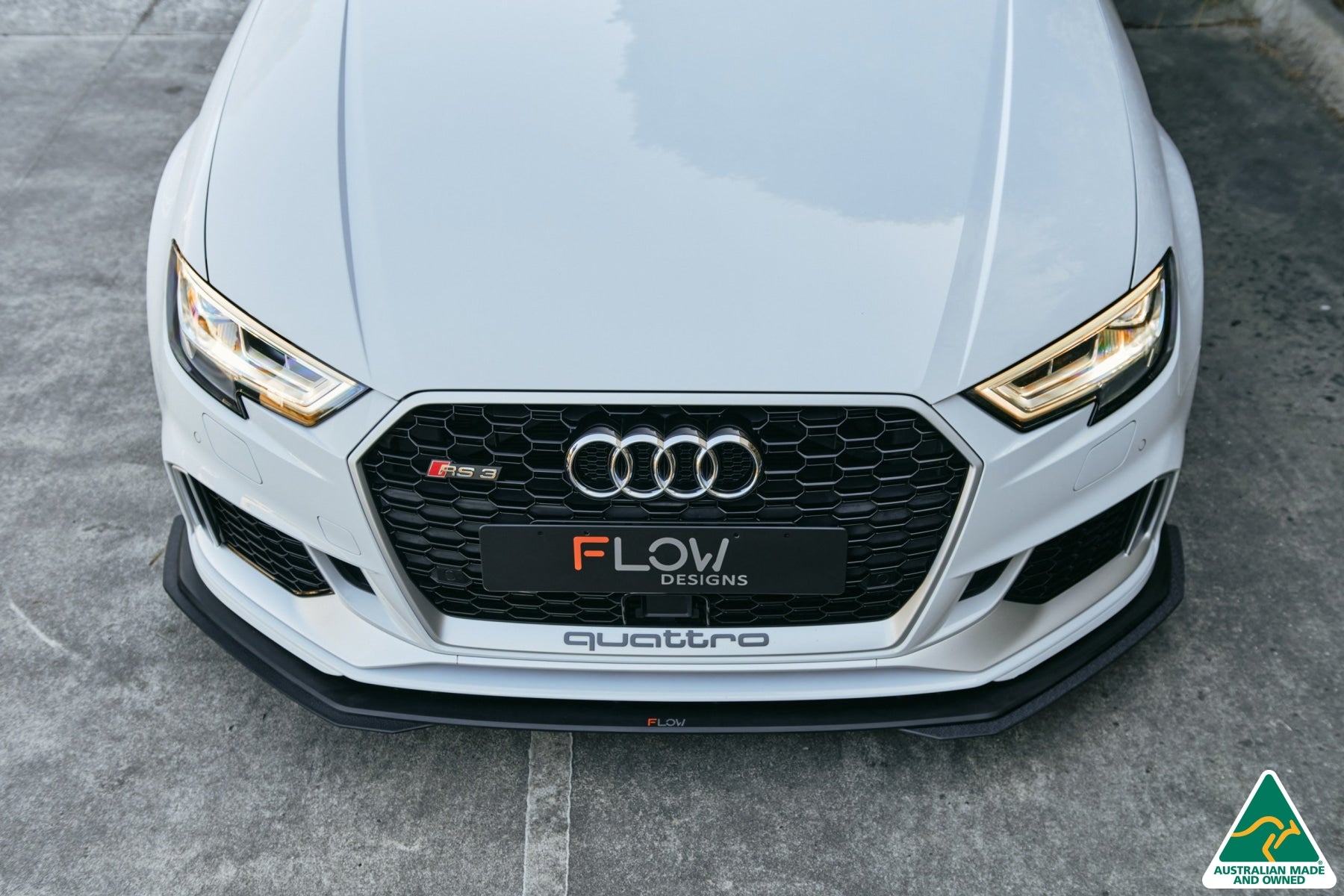 Flow Design RS3 8V Sedan Facelift Front Lip Splitter & Stainless Steel Mounting Brace