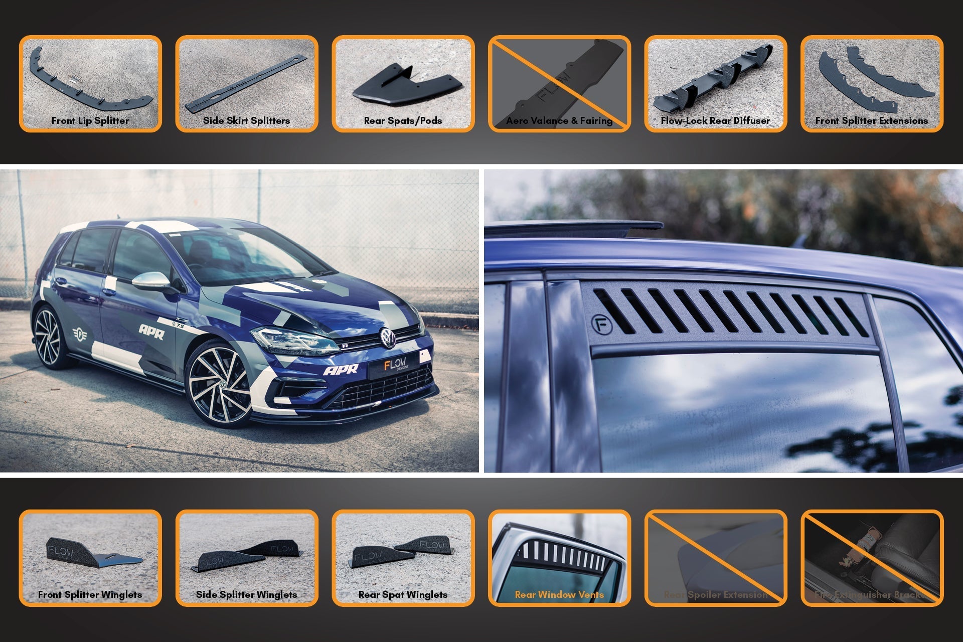 Flow Design MK7.5 Golf R Full Lip Splitter Set with Flow-Lock Rear Diffuser