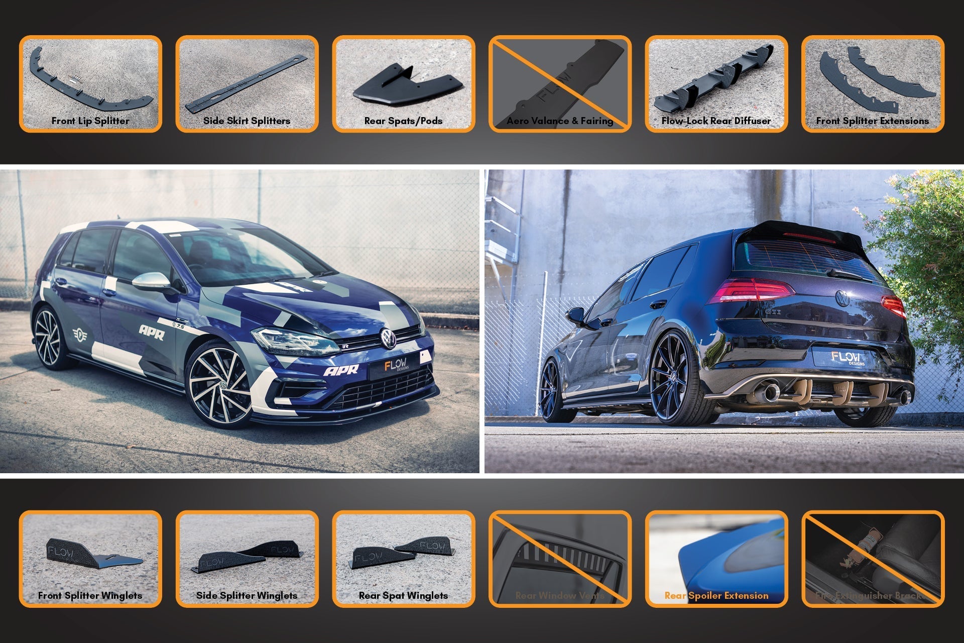 Flow Design MK7.5 Golf R Full Lip Splitter Set with Flow-Lock Rear Diffuser