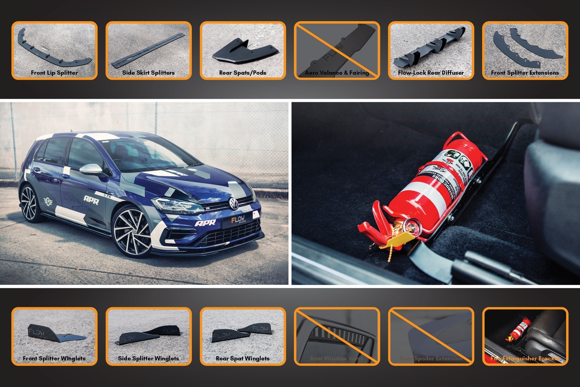 Flow Design MK7.5 Golf R Full Lip Splitter Set with Flow-Lock Rear Diffuser