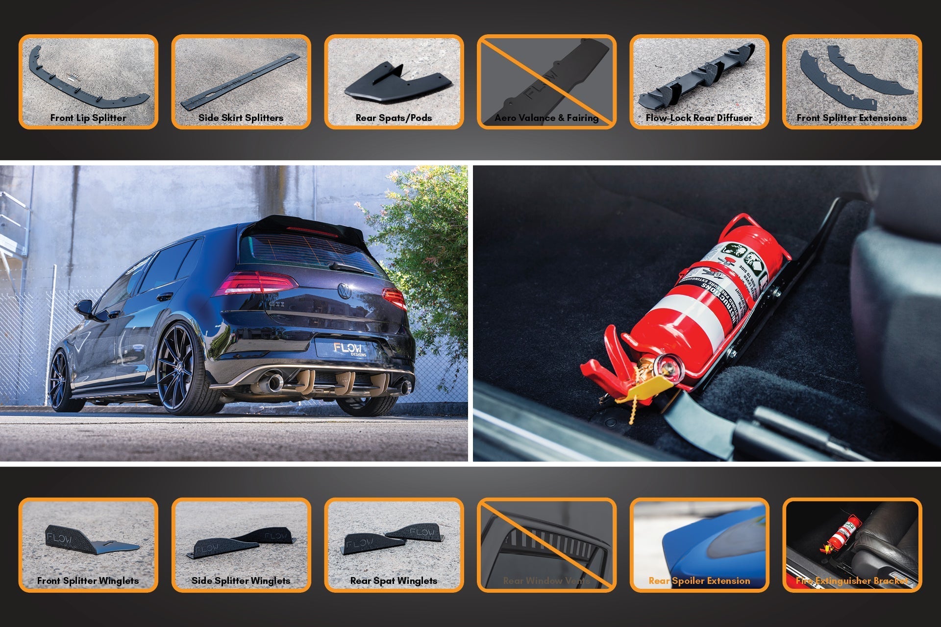 Flow Design MK7.5 Golf R Full Lip Splitter Set with Flow-Lock Rear Diffuser