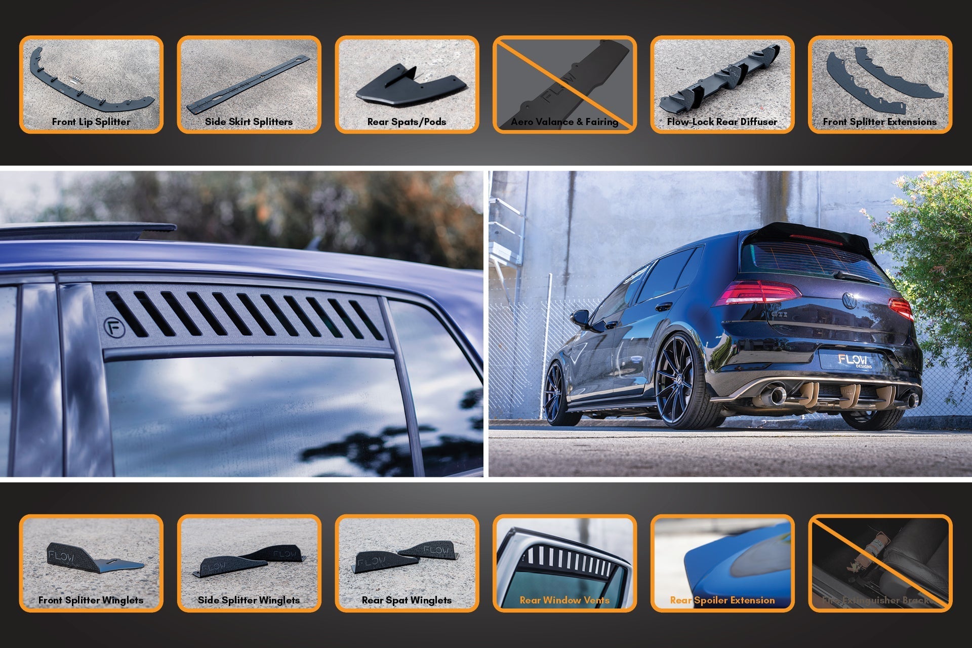 Flow Design MK7.5 Golf R Full Lip Splitter Set with Flow-Lock Rear Diffuser