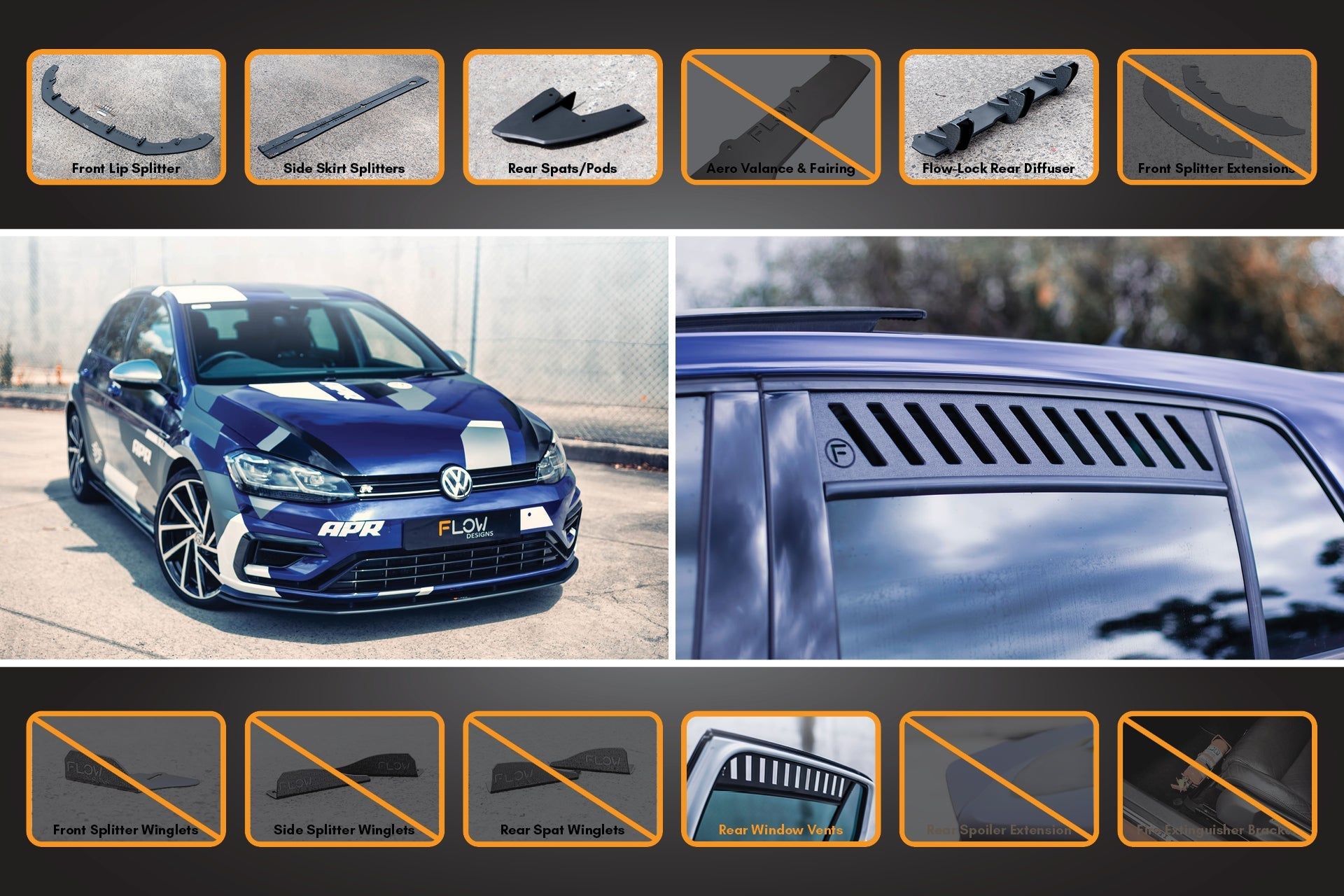 Flow Design MK7.5 Golf R Full Lip Splitter Set with Flow-Lock Rear Diffuser