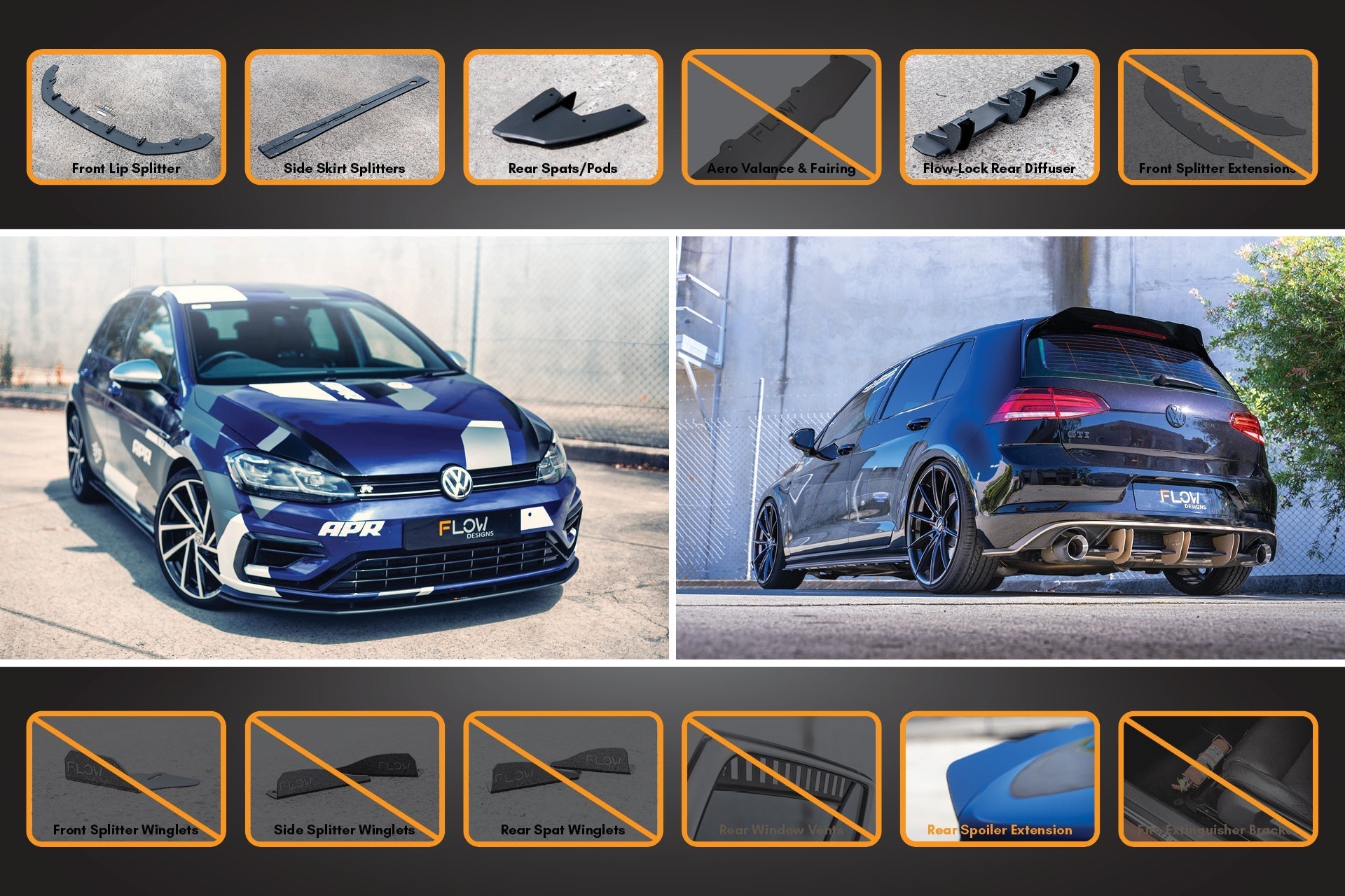 Flow Design MK7.5 Golf R Full Lip Splitter Set with Flow-Lock Rear Diffuser