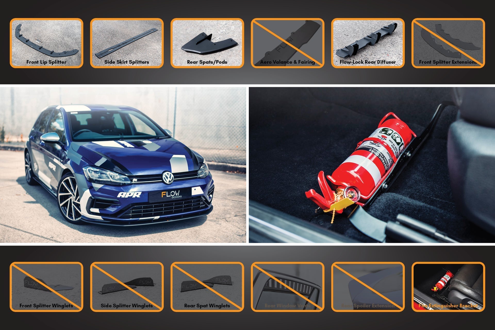 Flow Design MK7.5 Golf R Full Lip Splitter Set with Flow-Lock Rear Diffuser