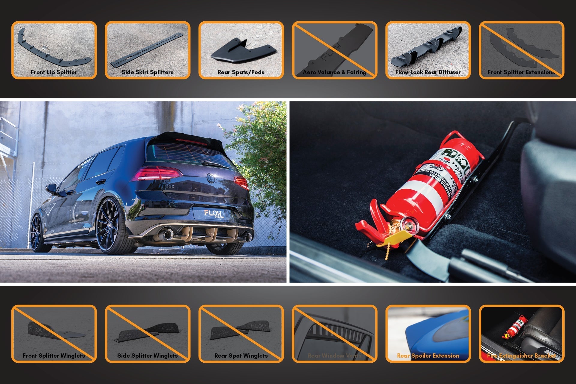 Flow Design MK7.5 Golf R Full Lip Splitter Set with Flow-Lock Rear Diffuser