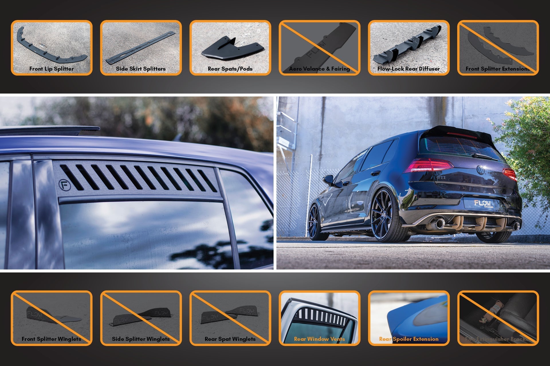 Flow Design MK7.5 Golf R Full Lip Splitter Set with Flow-Lock Rear Diffuser
