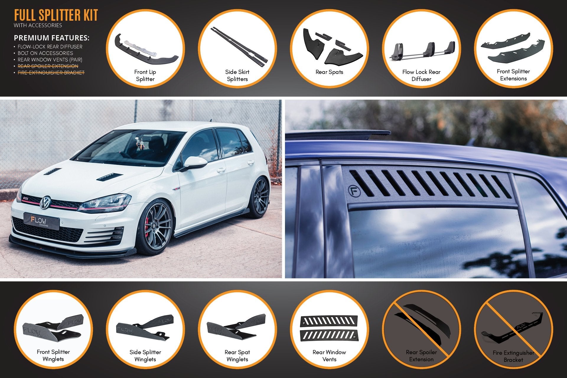 Flow Design MK7 Golf GTI Full Lip Splitter Set with Flow-Lock Rear Diffuser