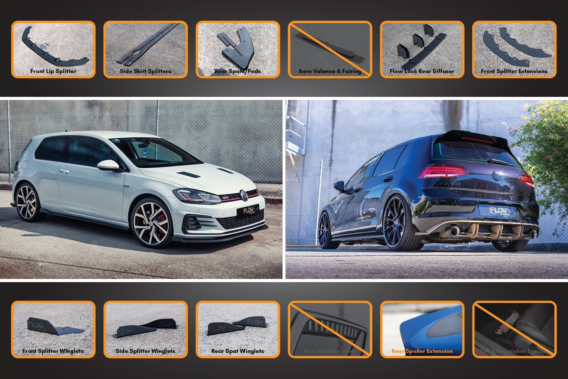 Flow Design MK7.5 Golf GTI Full Lip Splitter Set with Flow-Lock Rear Diffuser