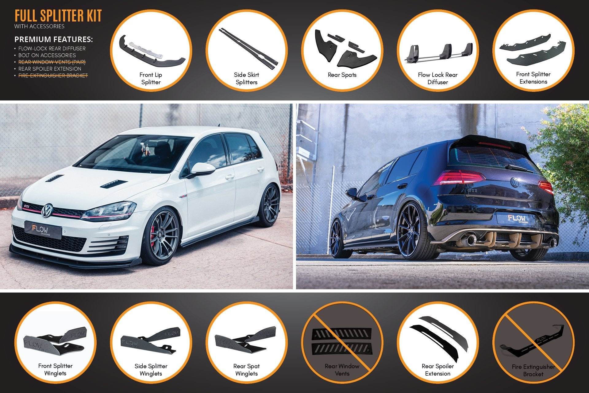 Flow Design MK7 Golf GTI Full Lip Splitter Set with Flow-Lock Rear Diffuser