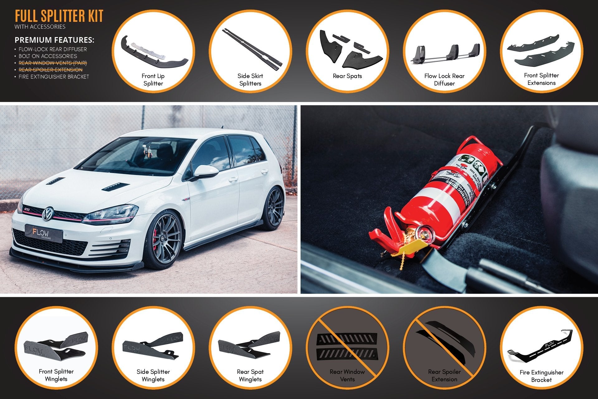 Flow Design MK7 Golf GTI Full Lip Splitter Set with Flow-Lock Rear Diffuser