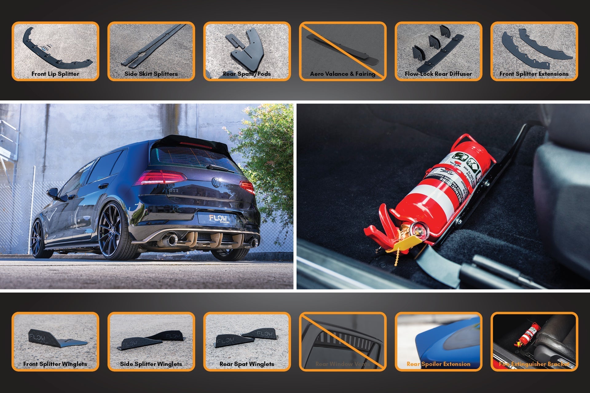 Flow Design MK7.5 Golf GTI Full Lip Splitter Set with Flow-Lock Rear Diffuser