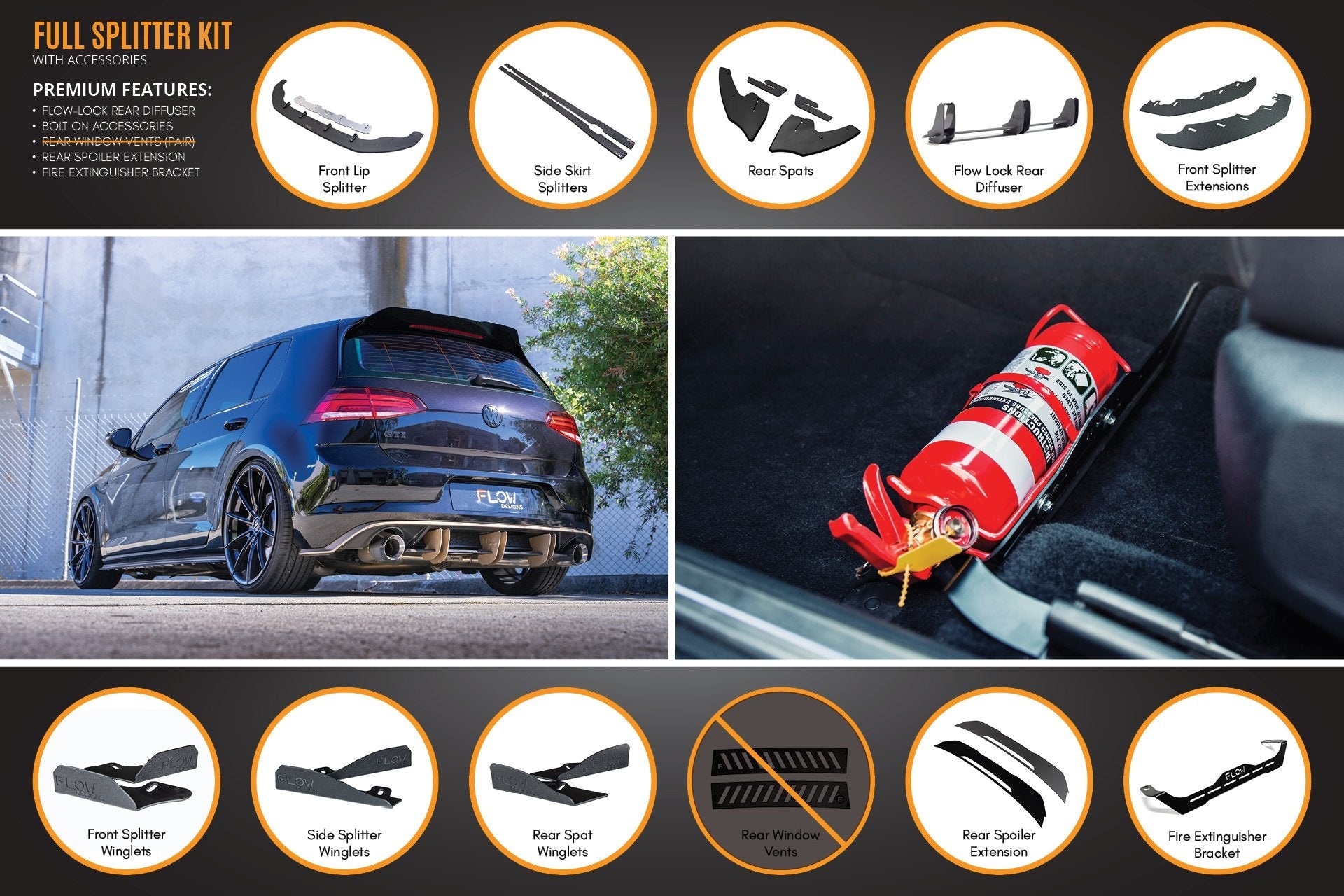 Flow Design MK7 Golf GTI Full Lip Splitter Set with Flow-Lock Rear Diffuser