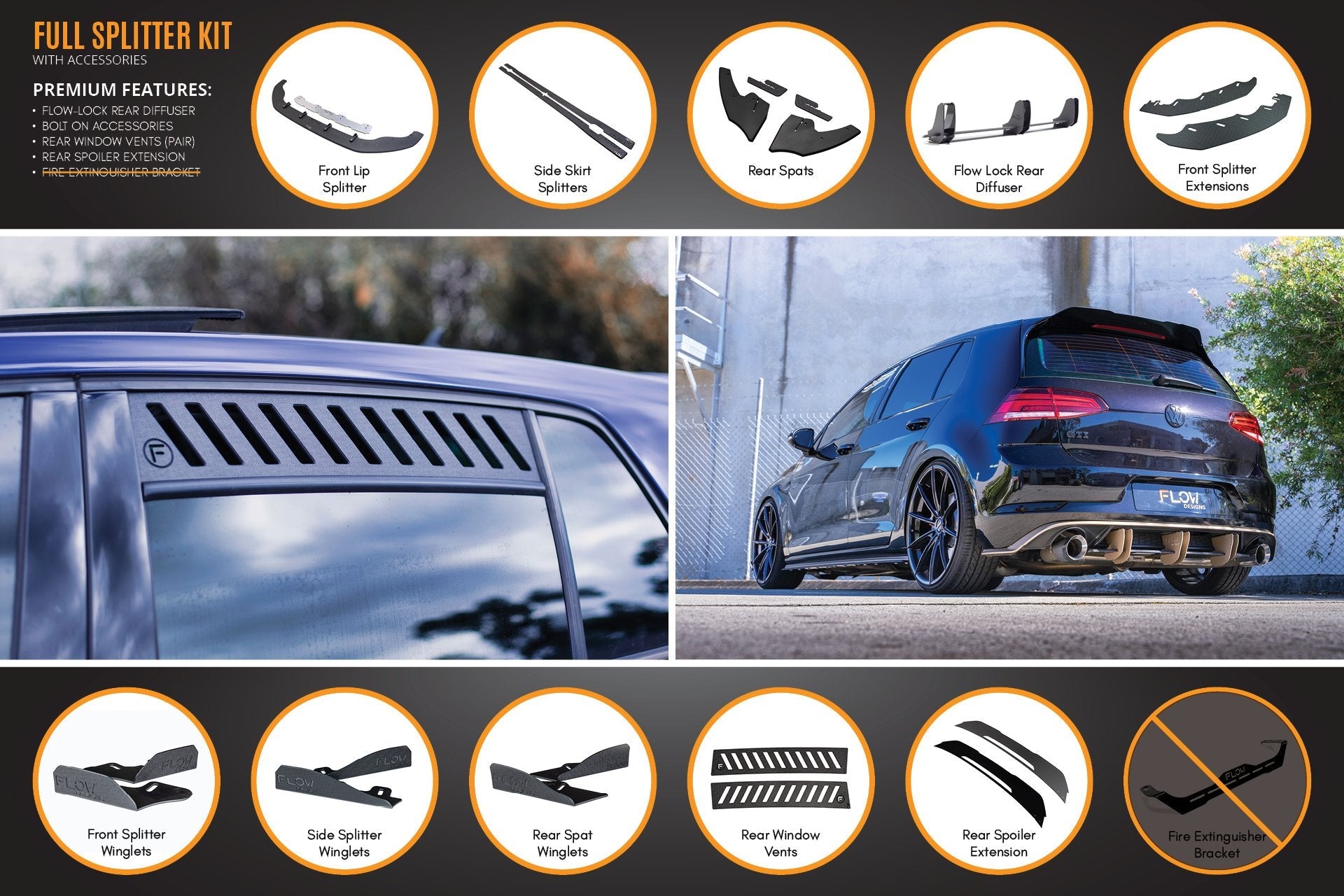 Flow Design MK7 Golf GTI Full Lip Splitter Set with Flow-Lock Rear Diffuser