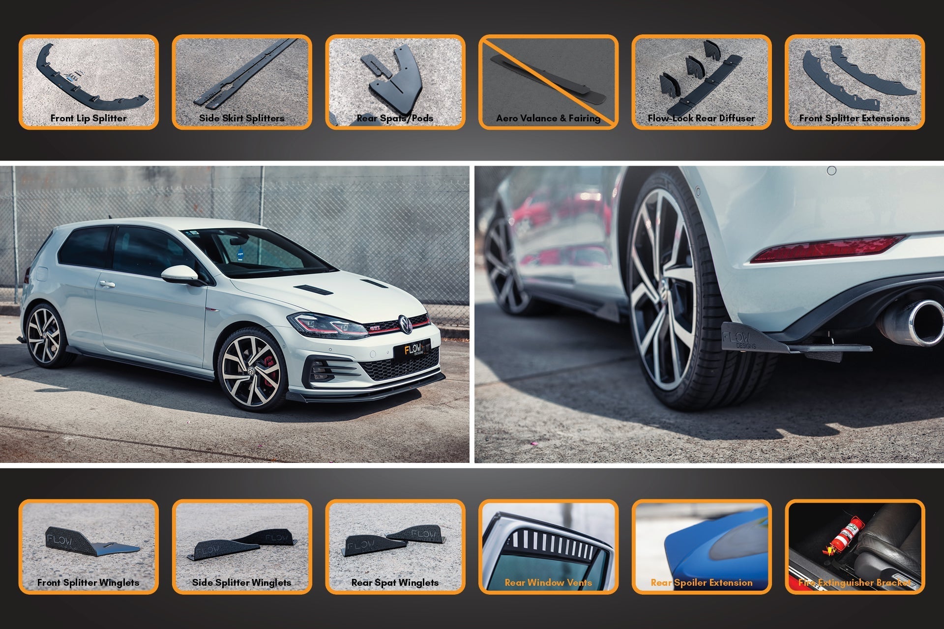 Flow Design MK7.5 Golf GTI Full Lip Splitter Set with Flow-Lock Rear Diffuser