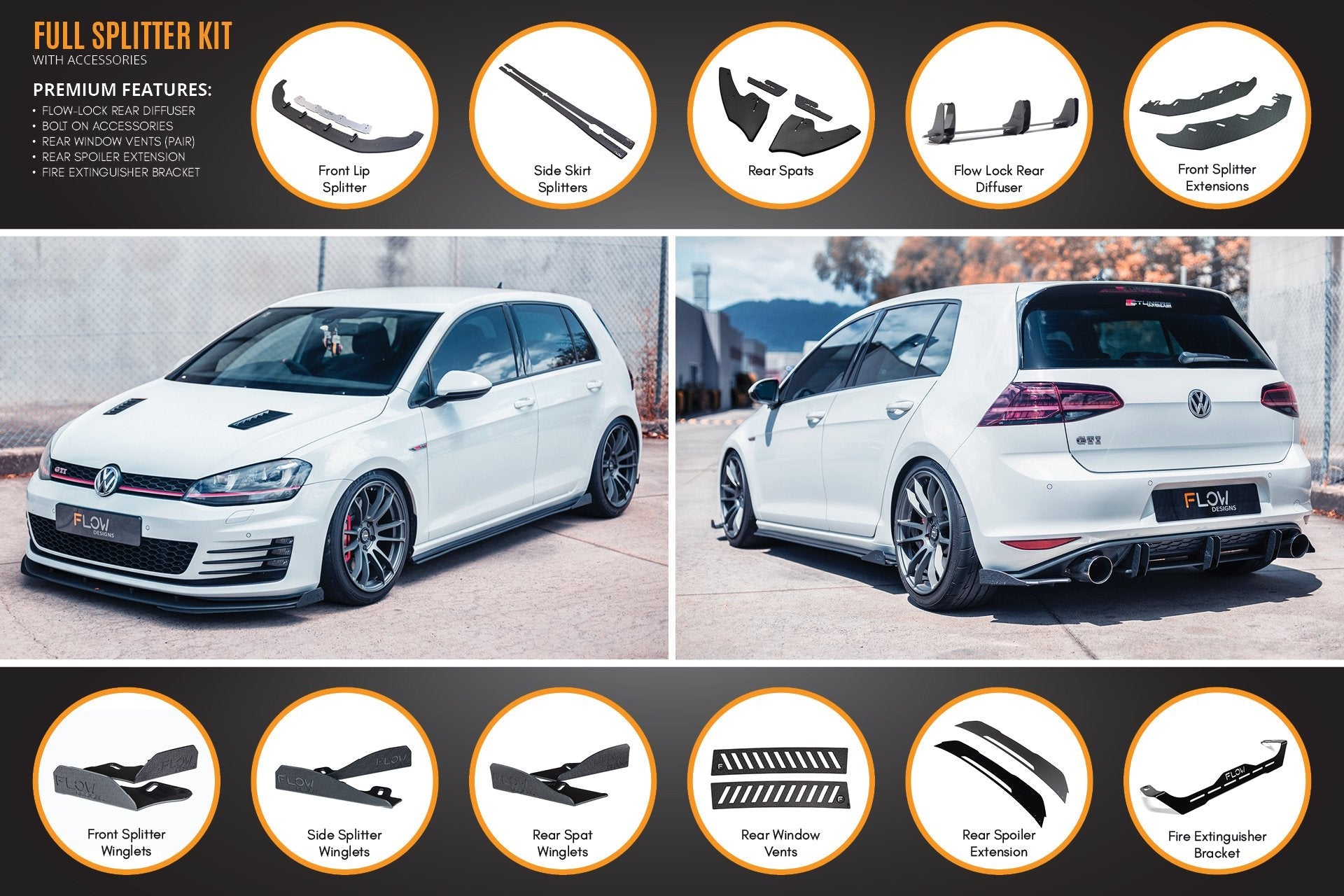 Flow Design MK7 Golf GTI Full Lip Splitter Set with Flow-Lock Rear Diffuser