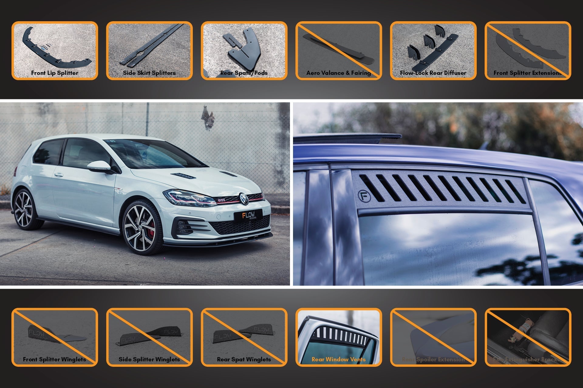 Flow Design MK7.5 Golf GTI Full Lip Splitter Set with Flow-Lock Rear Diffuser
