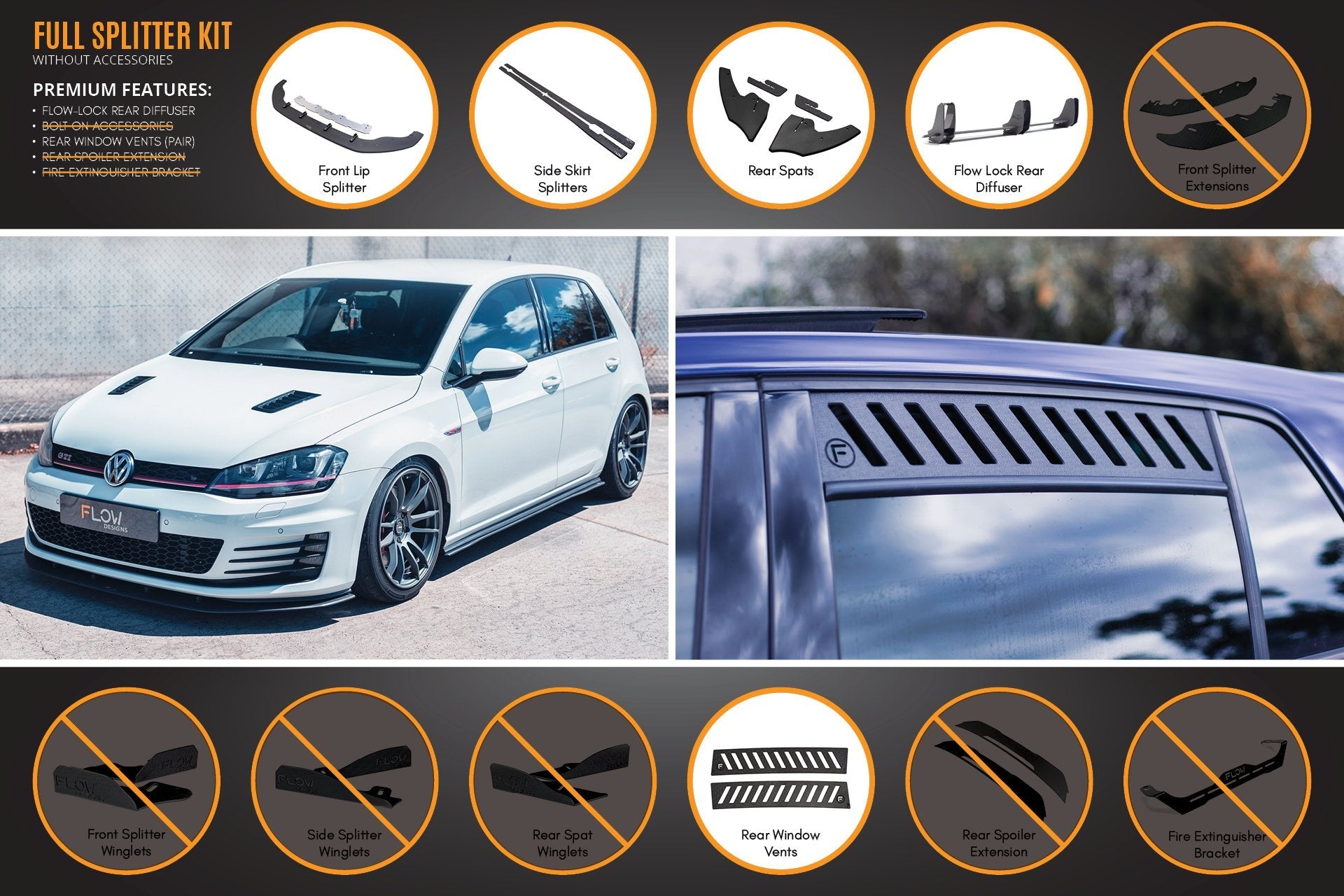 Flow Design MK7 Golf GTI Full Lip Splitter Set with Flow-Lock Rear Diffuser