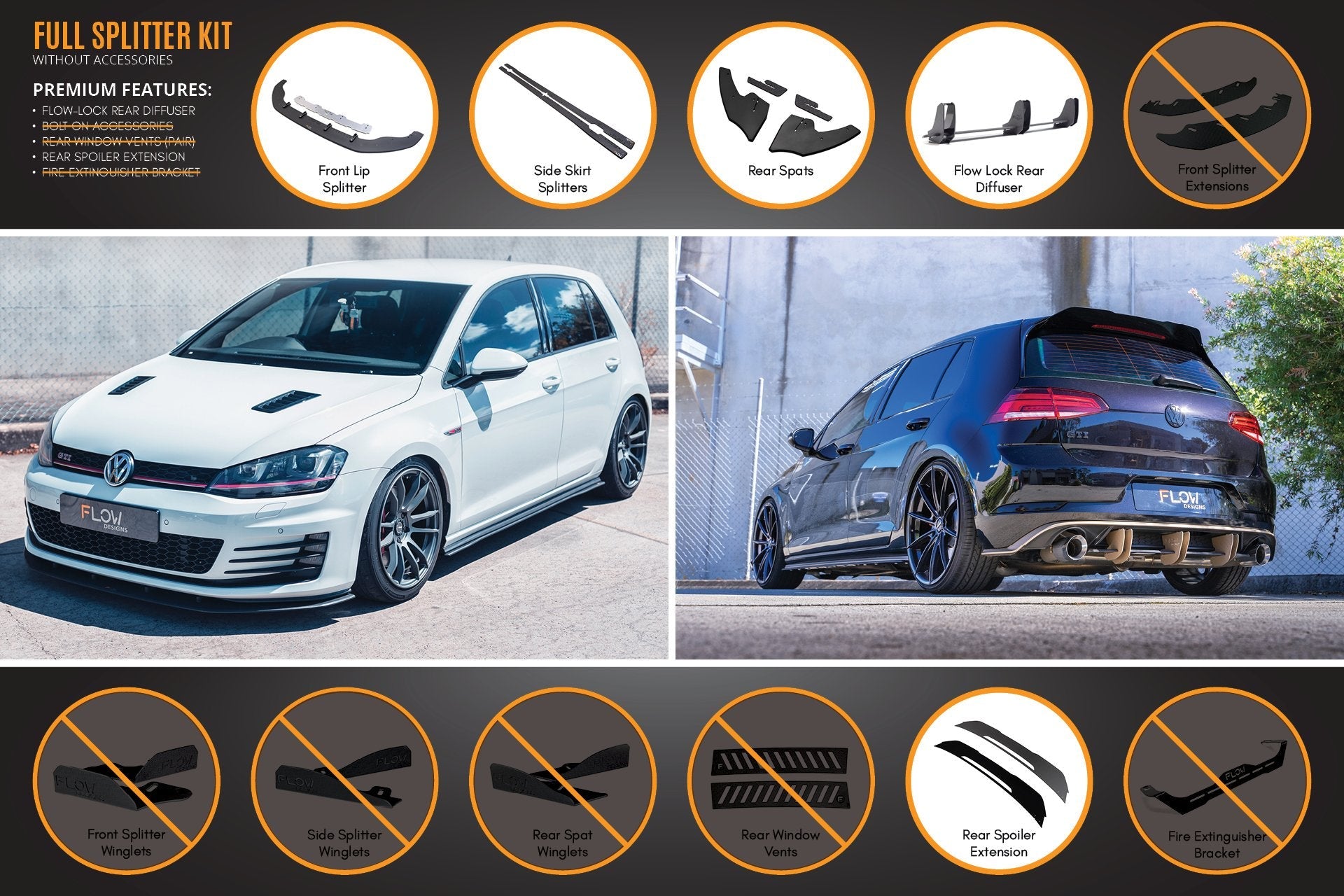 Flow Design MK7 Golf GTI Full Lip Splitter Set with Flow-Lock Rear Diffuser