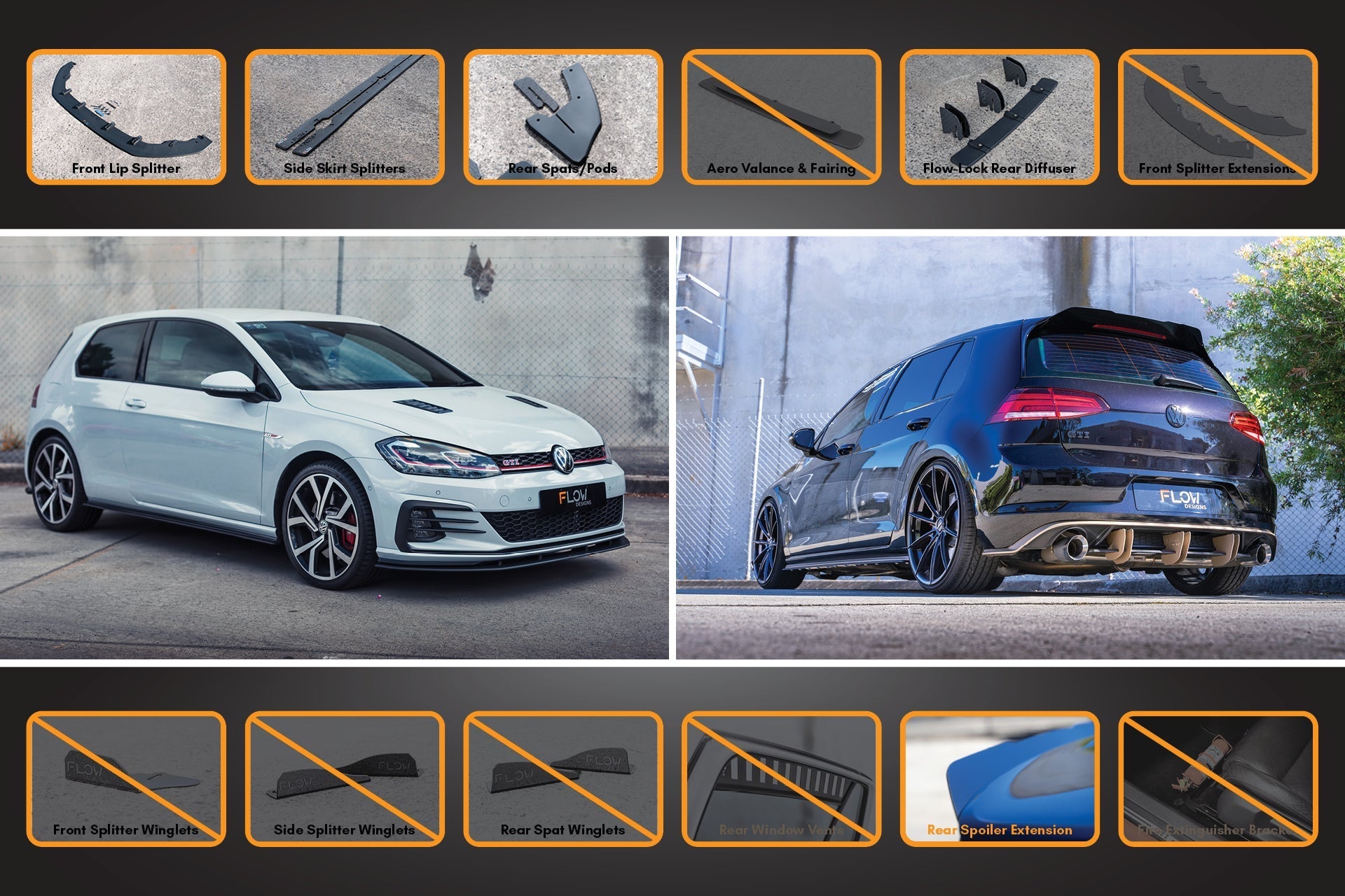 Flow Design MK7.5 Golf GTI Full Lip Splitter Set with Flow-Lock Rear Diffuser