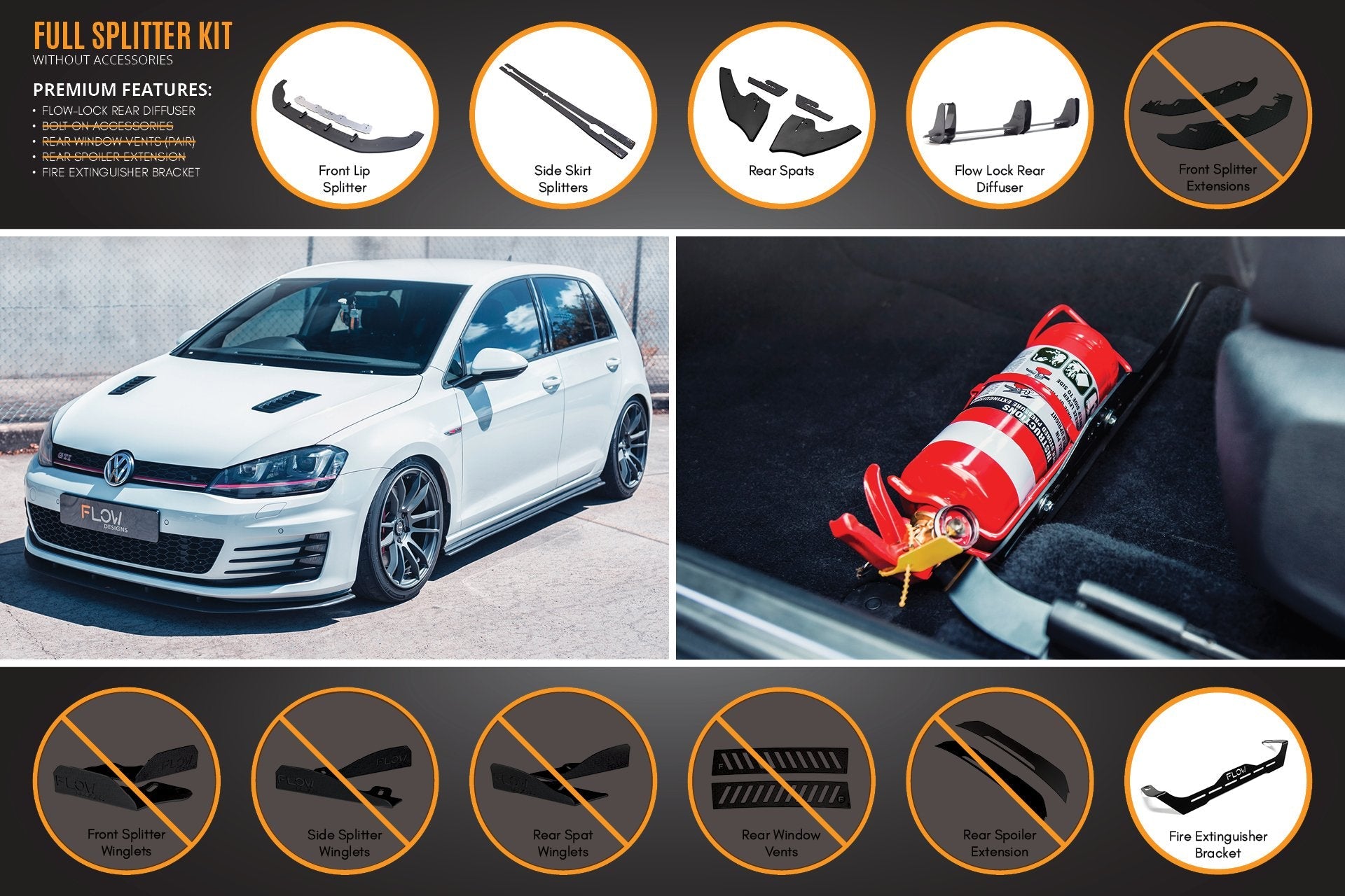 Flow Design MK7 Golf GTI Full Lip Splitter Set with Flow-Lock Rear Diffuser