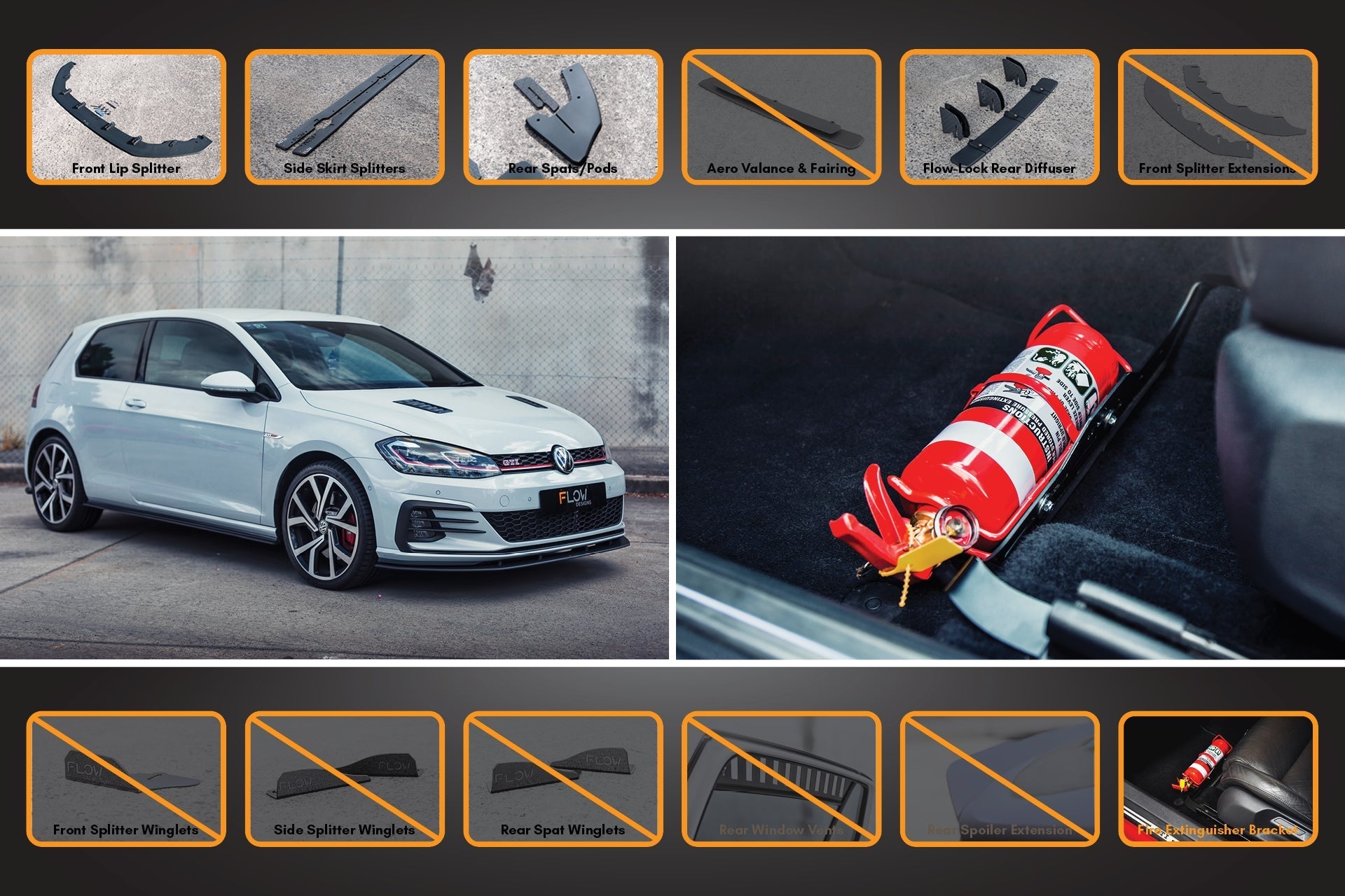 Flow Design MK7.5 Golf GTI Full Lip Splitter Set with Flow-Lock Rear Diffuser