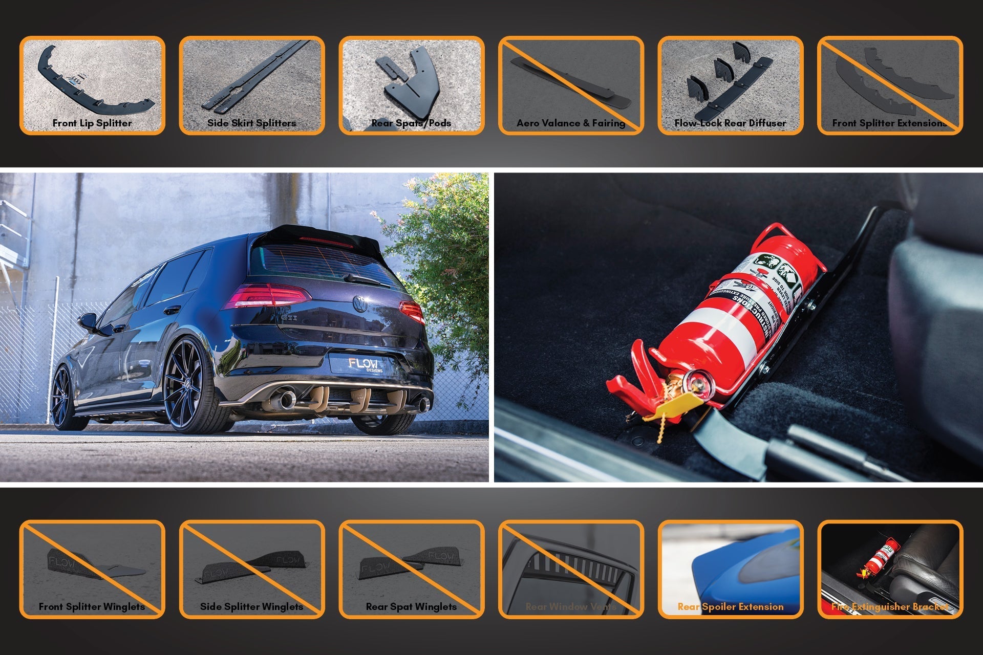 Flow Design MK7.5 Golf GTI Full Lip Splitter Set with Flow-Lock Rear Diffuser