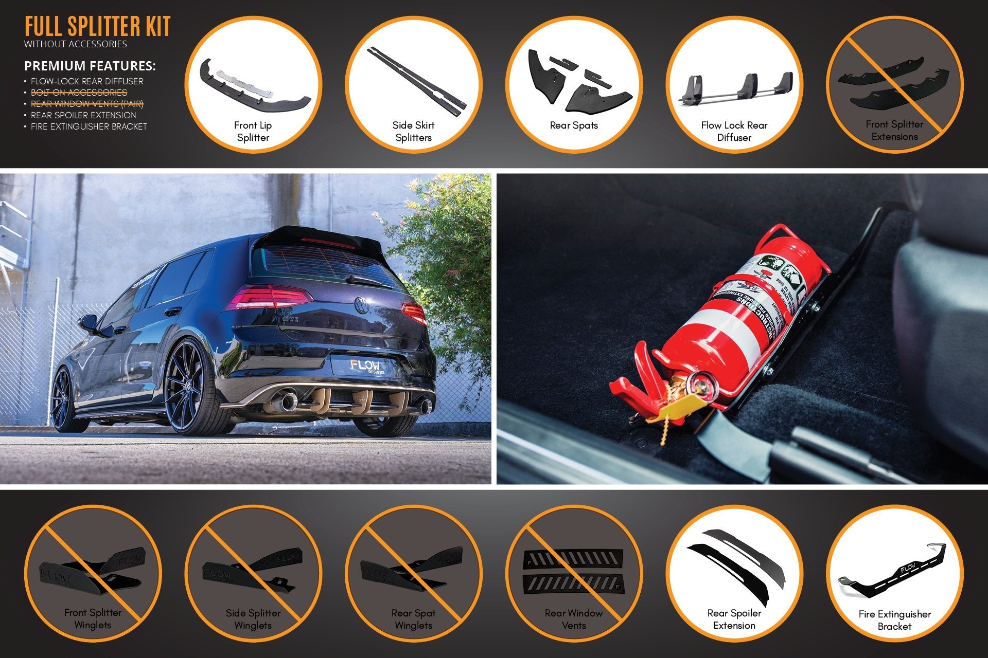 Flow Design MK7 Golf GTI Full Lip Splitter Set with Flow-Lock Rear Diffuser