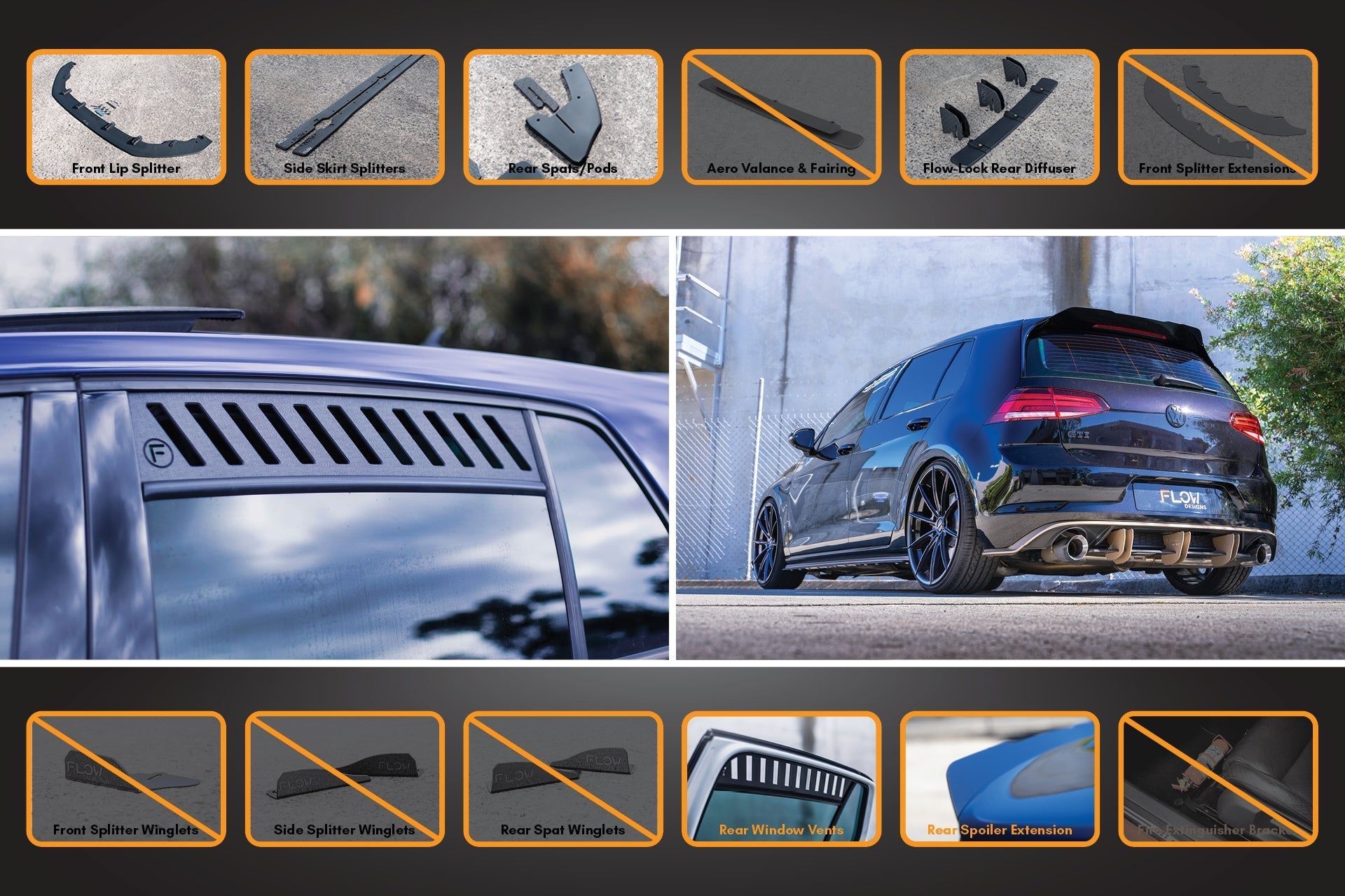Flow Design MK7.5 Golf GTI Full Lip Splitter Set with Flow-Lock Rear Diffuser