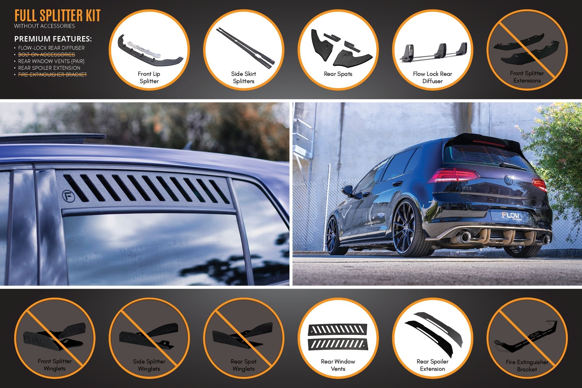 Flow Design MK7 Golf GTI Full Lip Splitter Set with Flow-Lock Rear Diffuser