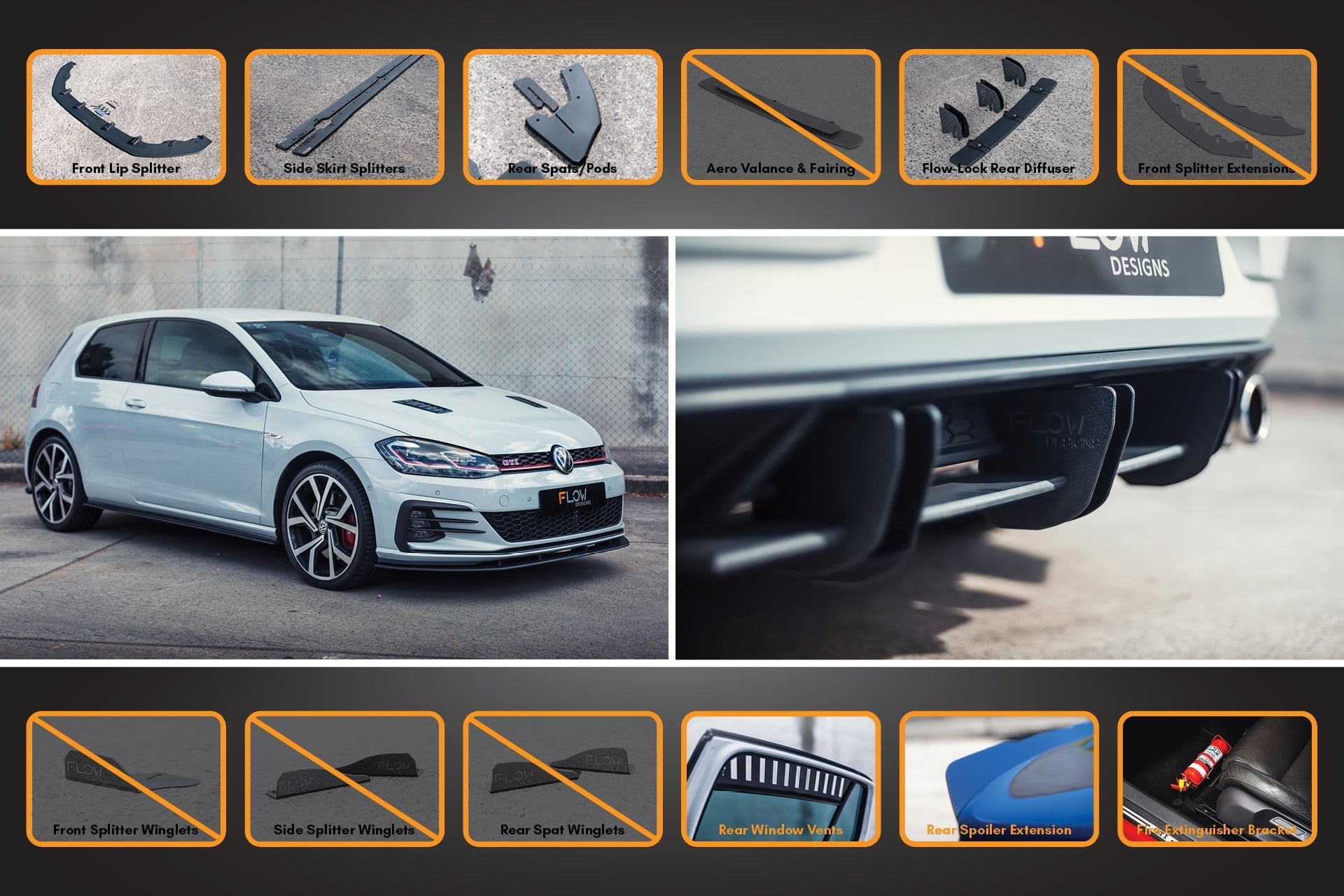 Flow Design MK7.5 Golf GTI Full Lip Splitter Set with Flow-Lock Rear Diffuser