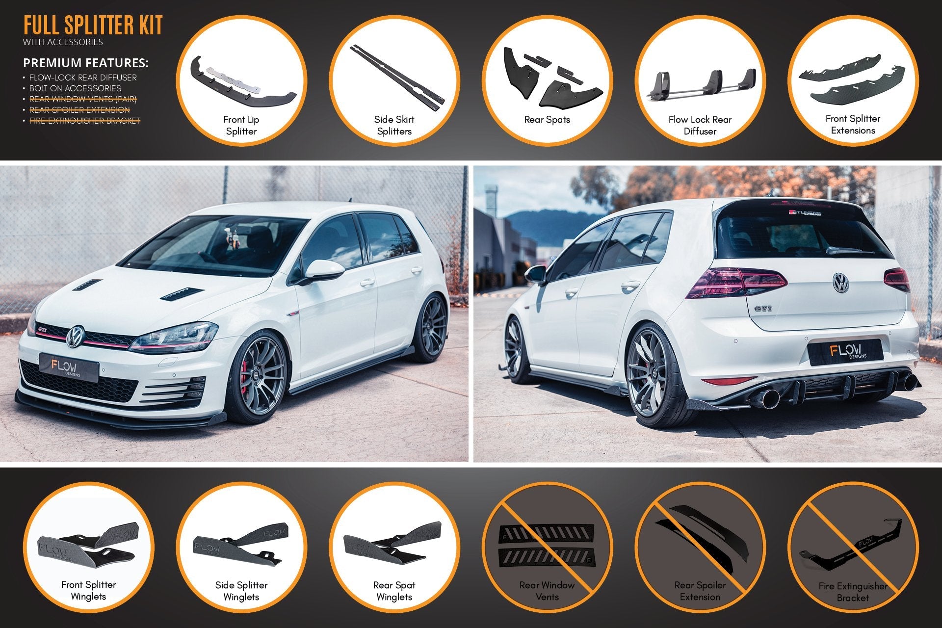 Flow Design MK7 Golf GTI Full Lip Splitter Set with Flow-Lock Rear Diffuser