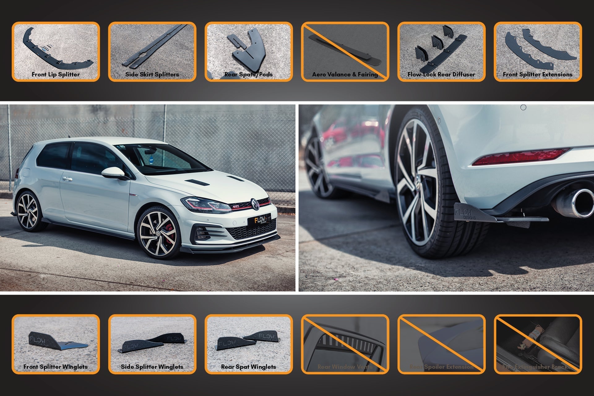 Flow Design MK7.5 Golf GTI Full Lip Splitter Set with Flow-Lock Rear Diffuser