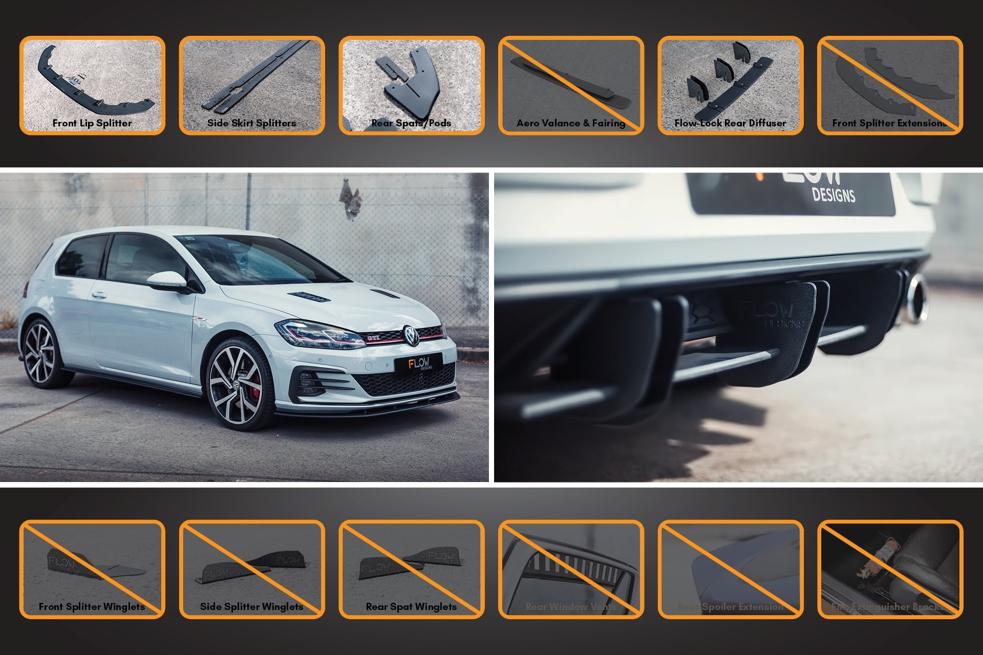Flow Design MK7.5 Golf GTI Full Lip Splitter Set with Flow-Lock Rear Diffuser
