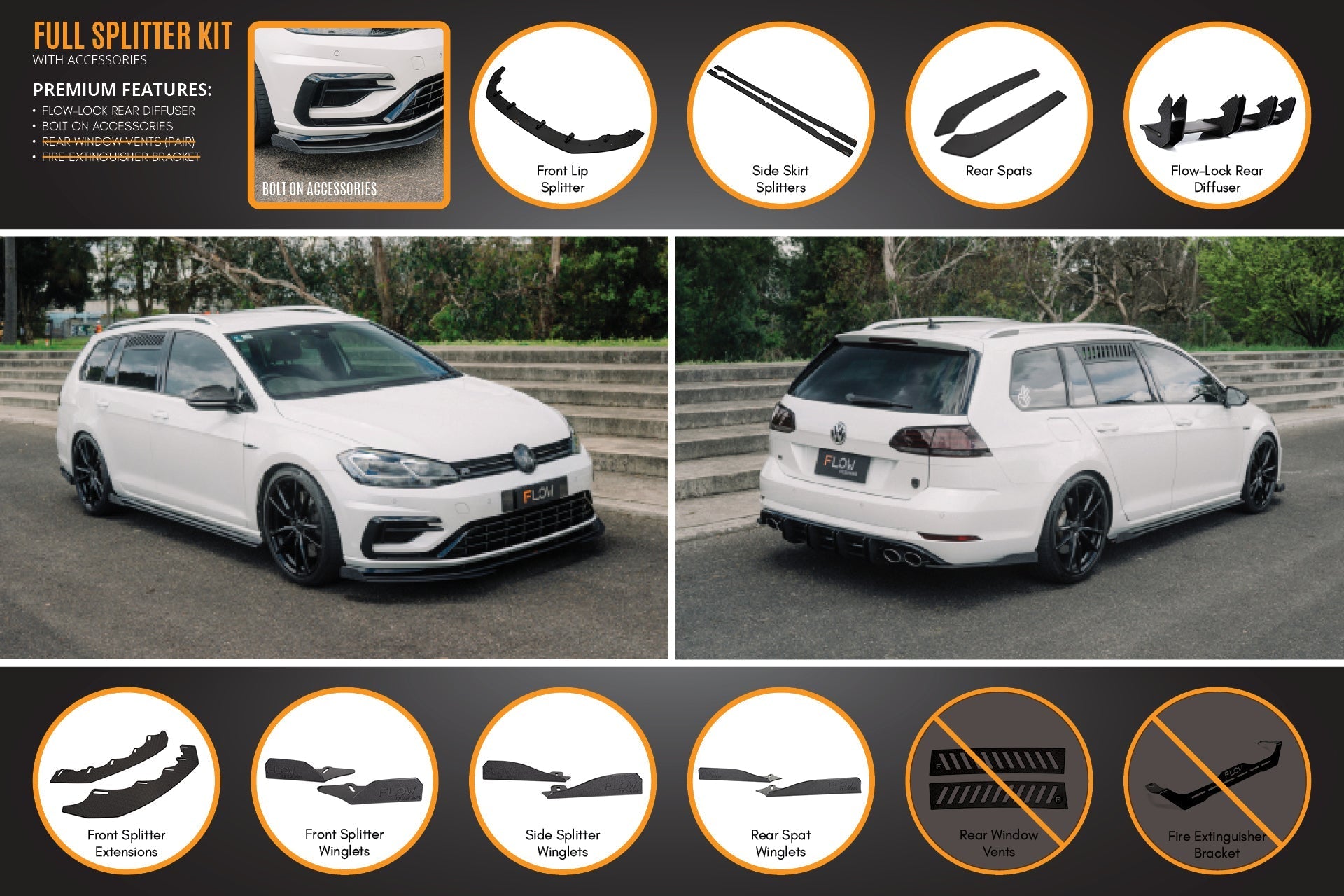 Flow Design MK7.5 Golf R Wagon Full Lip Splitter Set