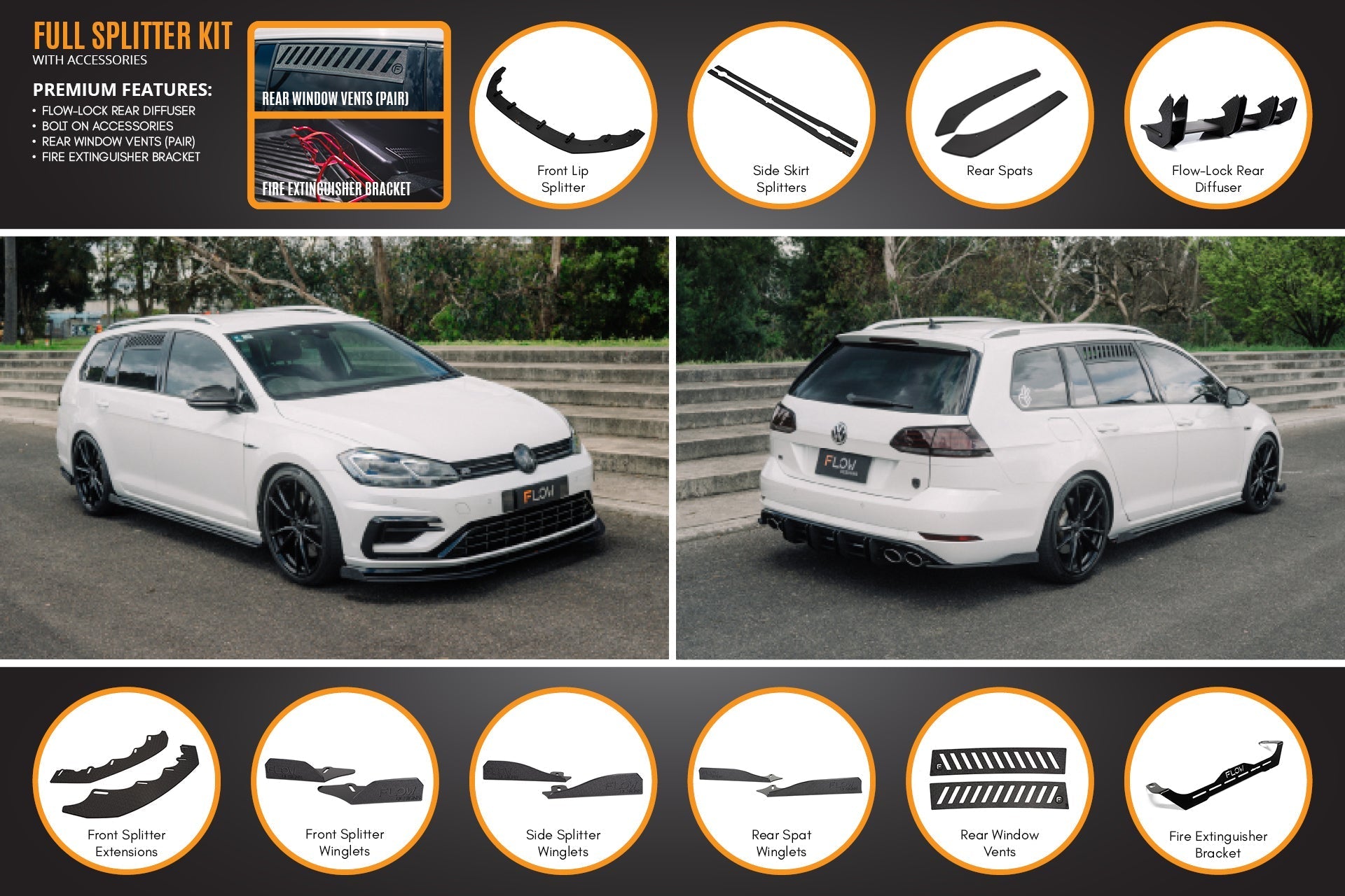 Flow Design MK7.5 Golf R Wagon Full Lip Splitter Set