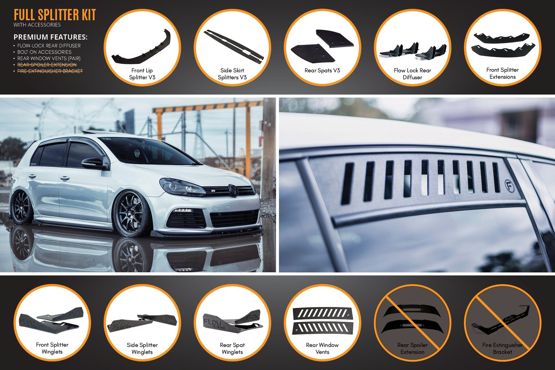 Flow Design MK6 Golf R Full Lip Splitter Set