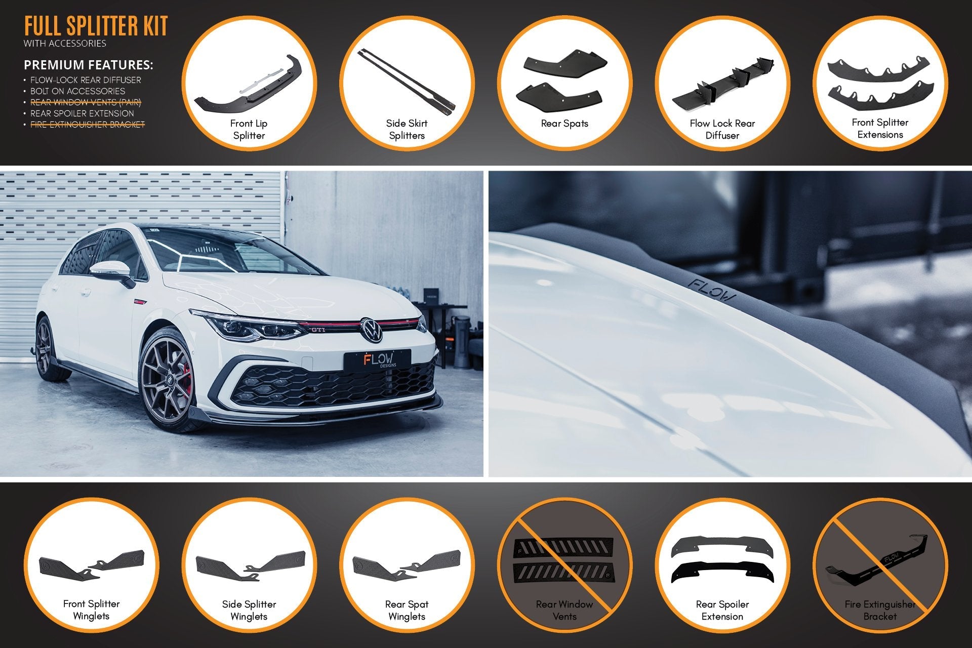 Flow Design MK8 Golf GTI Full Lip Splitter Set