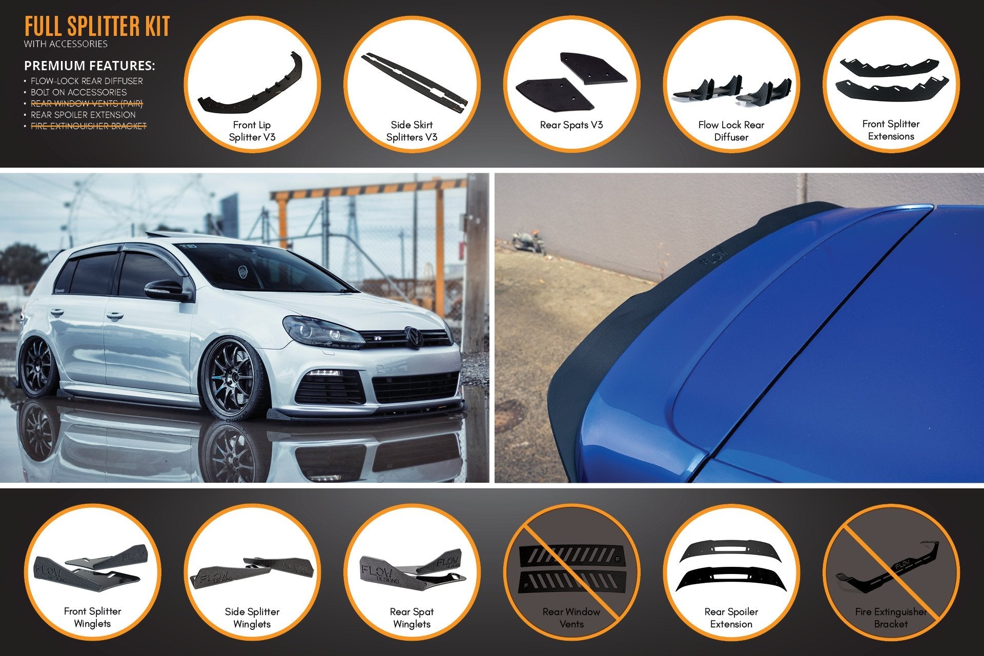 Flow Design MK6 Golf R Full Lip Splitter Set