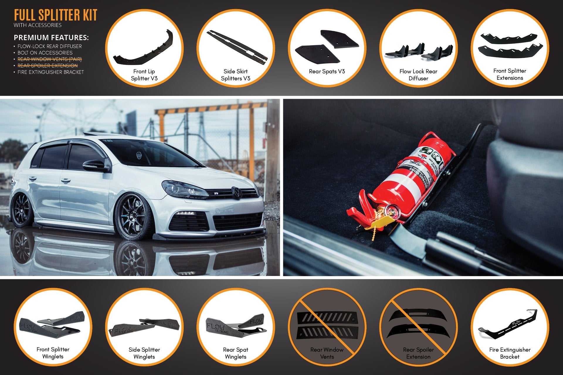 Flow Design MK6 Golf R Full Lip Splitter Set