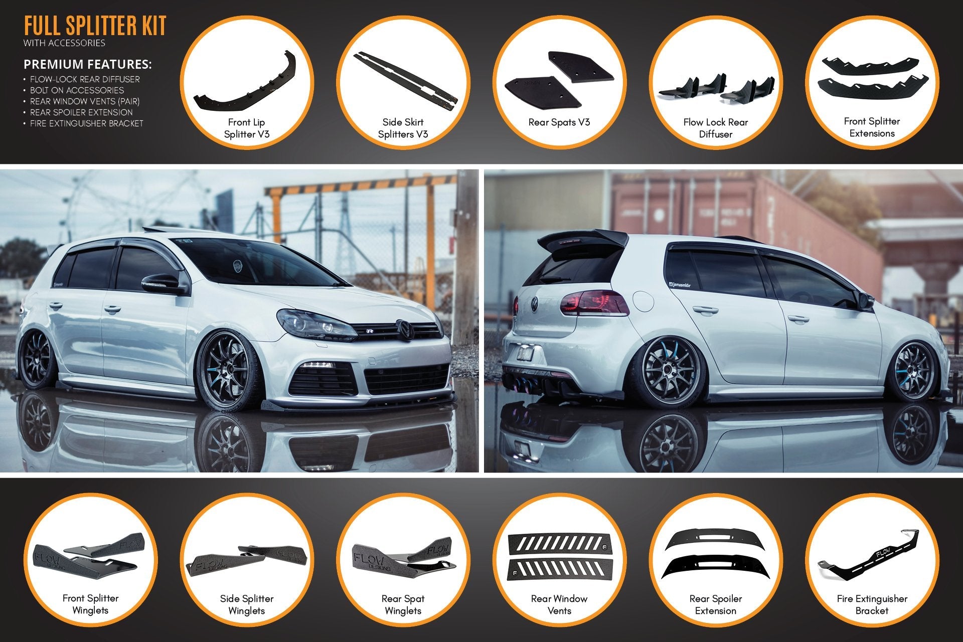 Flow Design MK6 Golf R Full Lip Splitter Set