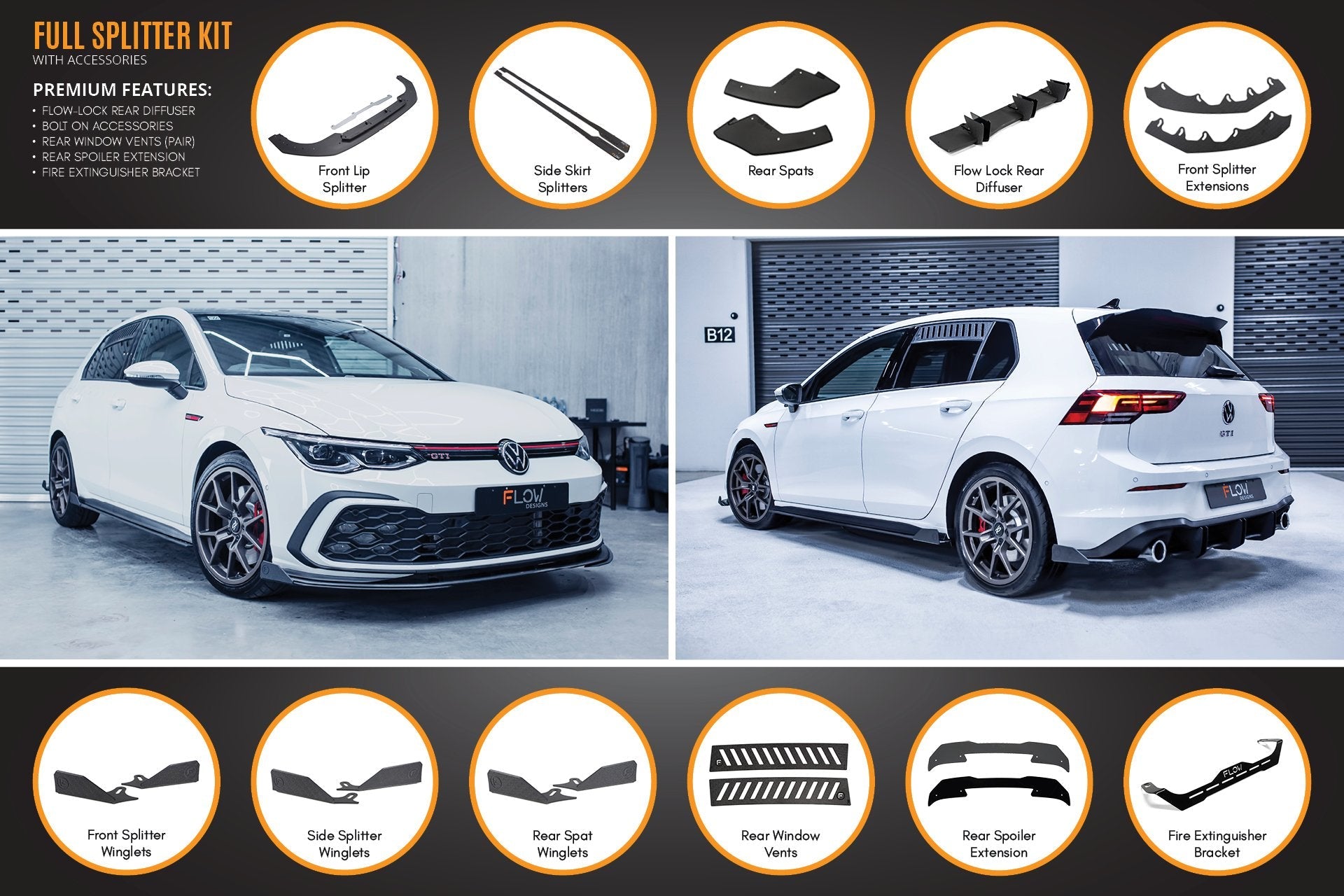 Flow Design MK8 Golf GTI Full Lip Splitter Set