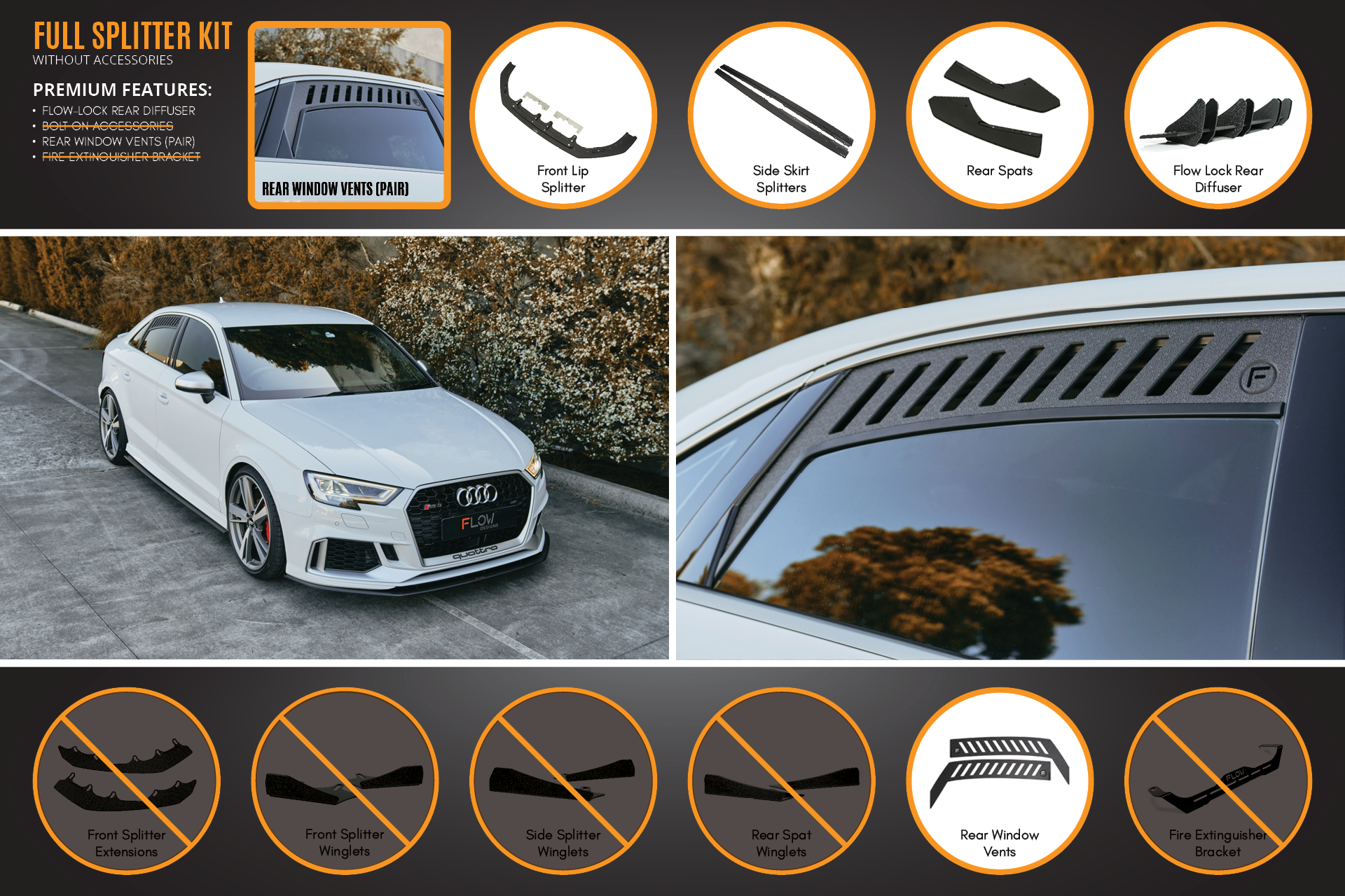 Flow Design RS3 8V Sedan Facelift Full Lip Splitter Set
