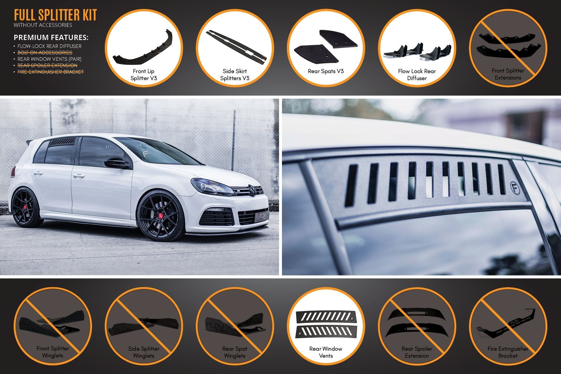 Flow Design MK6 Golf R Full Lip Splitter Set
