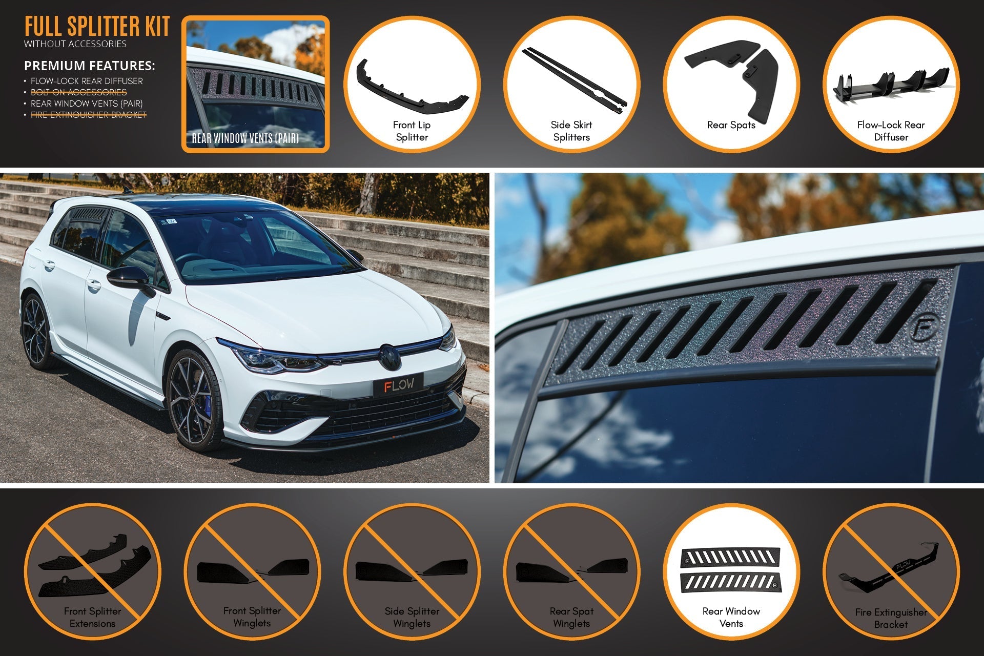 Flow Design MK8 Golf R Full Lip Splitter Set