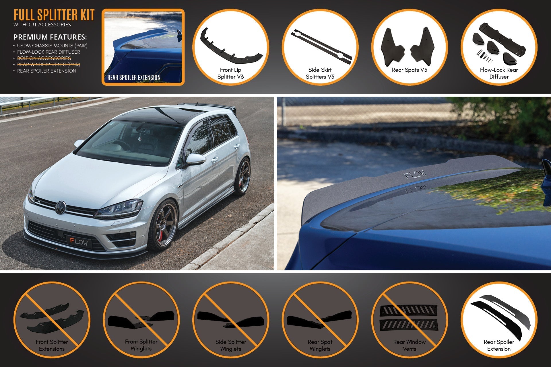 Flow Design MK7 Golf R (USDM) Full Lip Splitter Set