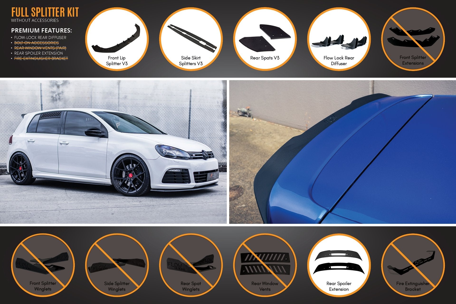 Flow Design MK6 Golf R Full Lip Splitter Set