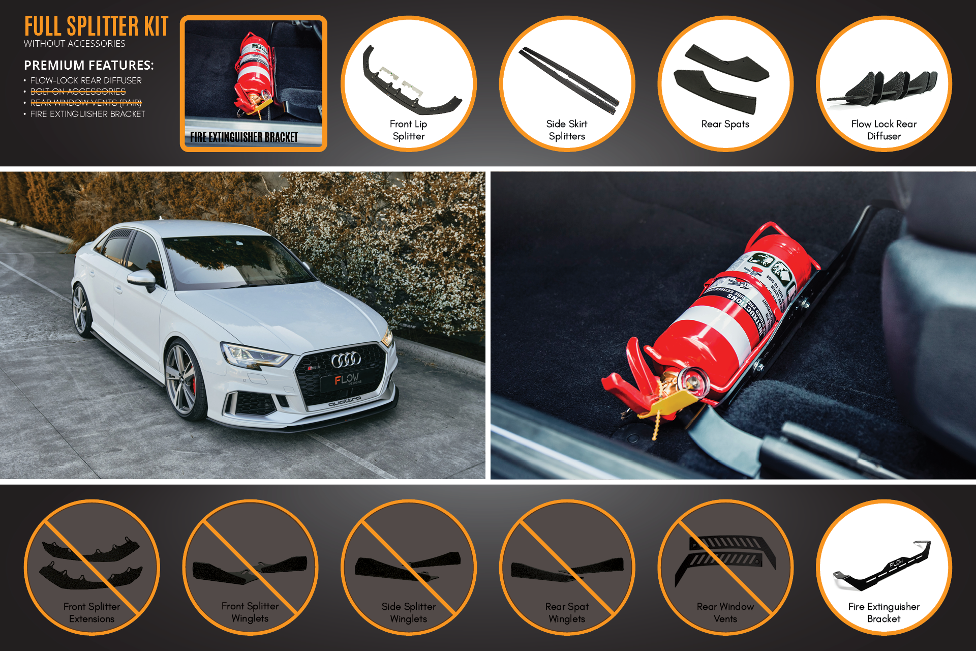 Flow Design RS3 8V Sedan Facelift Full Lip Splitter Set