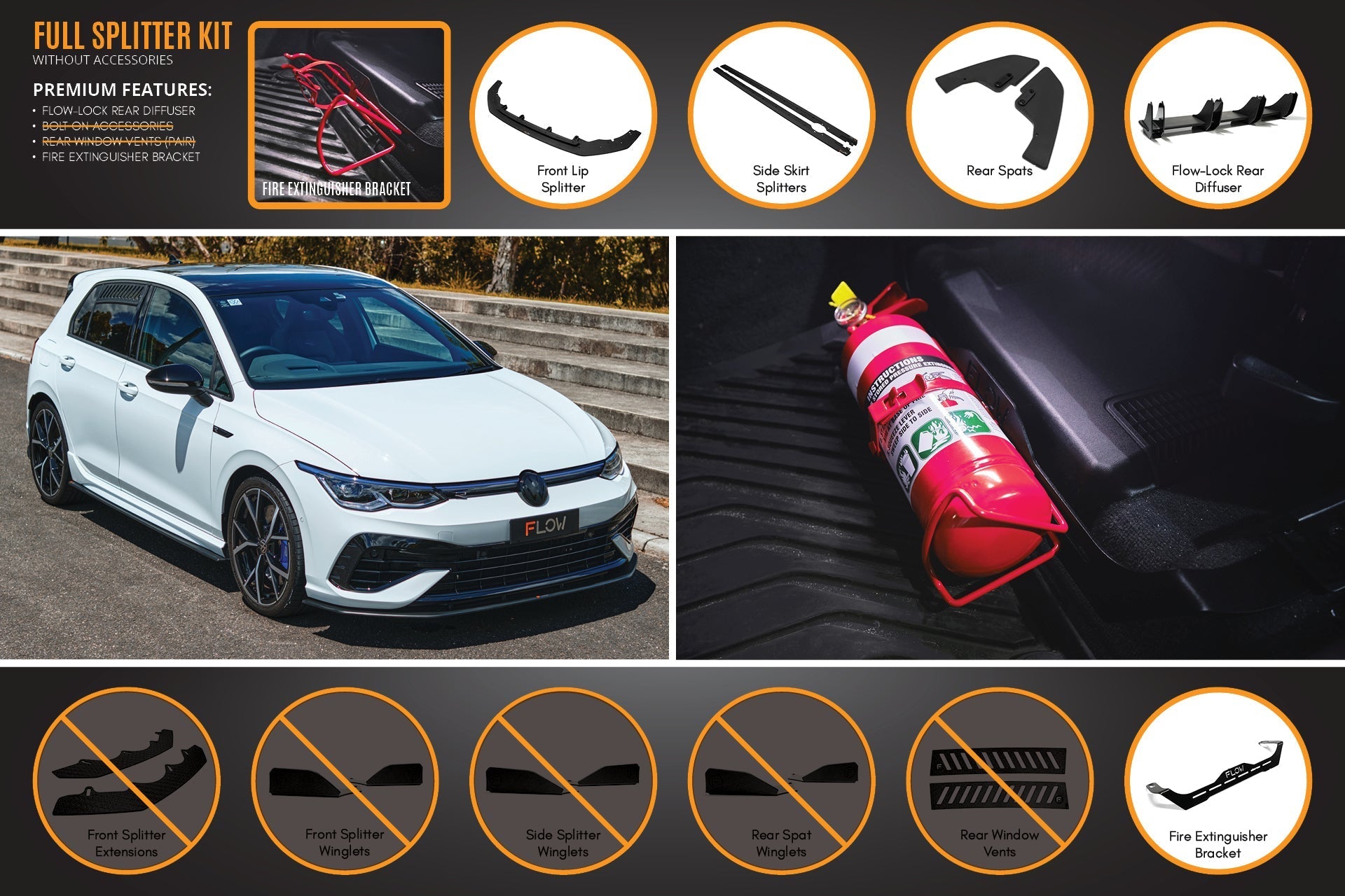 Flow Design MK8 Golf R Full Lip Splitter Set