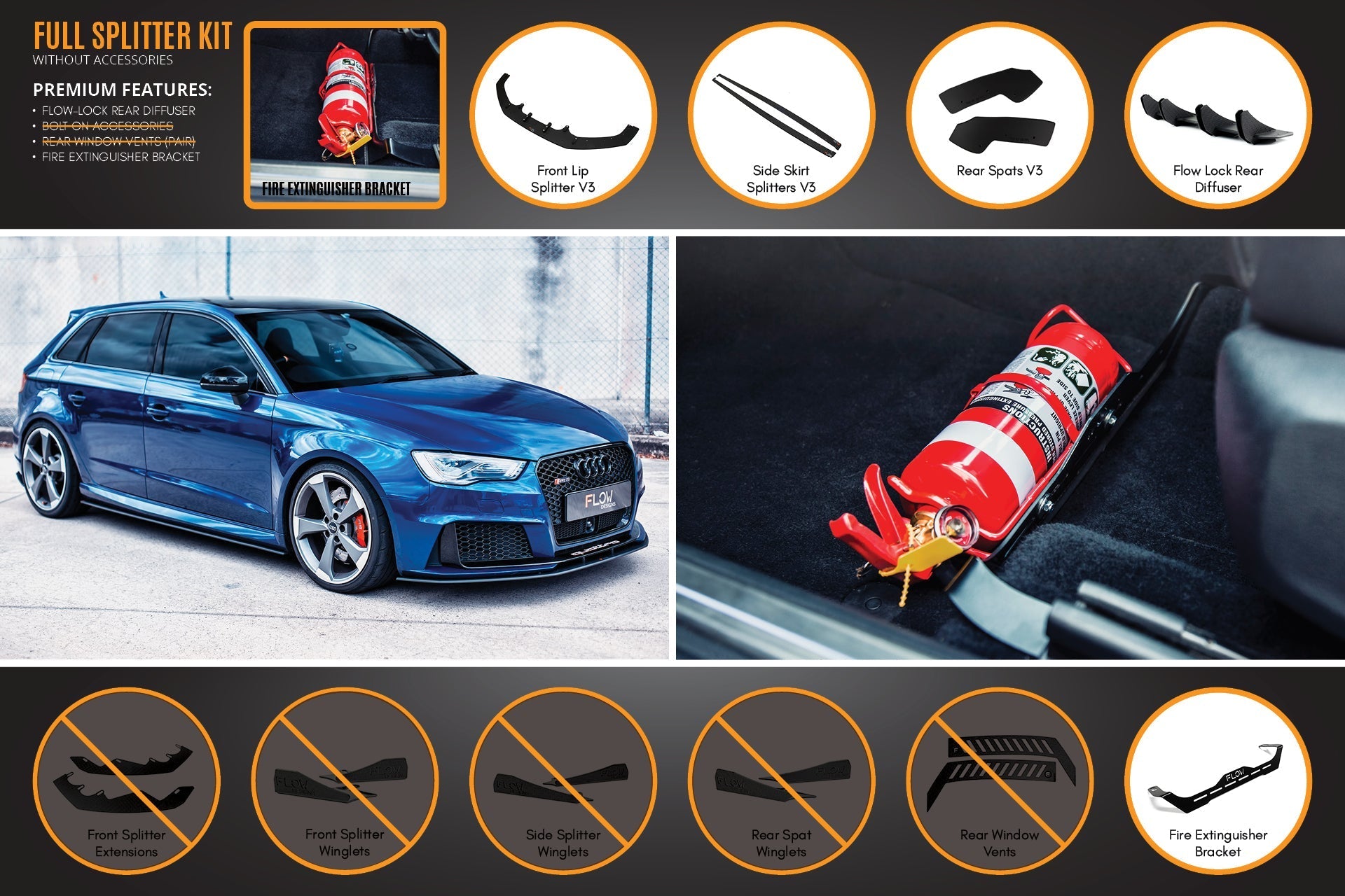 Flow Design RS3 8V Sportback (Pre-Facelift) Full Lip Splitter Set